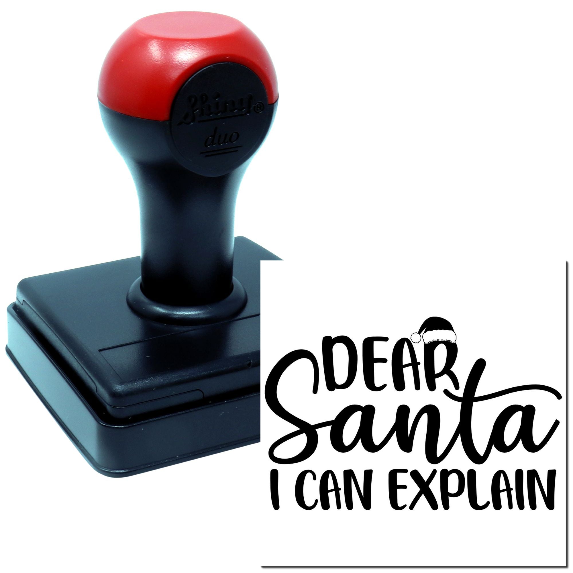 Custom rubber stamp with Dear Santa, I Can Explain holiday design for Christmas cards, crafts, and gift packaging.