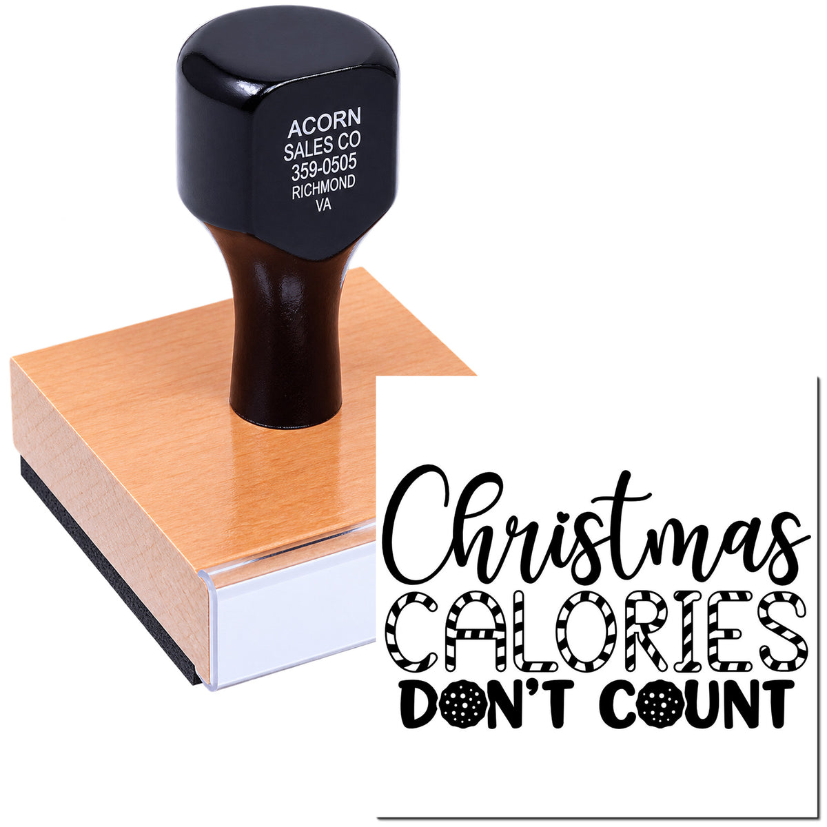 Christmas Calories Dont Count rubber stamp with custom imprint for holiday baking, cards, and festive packaging