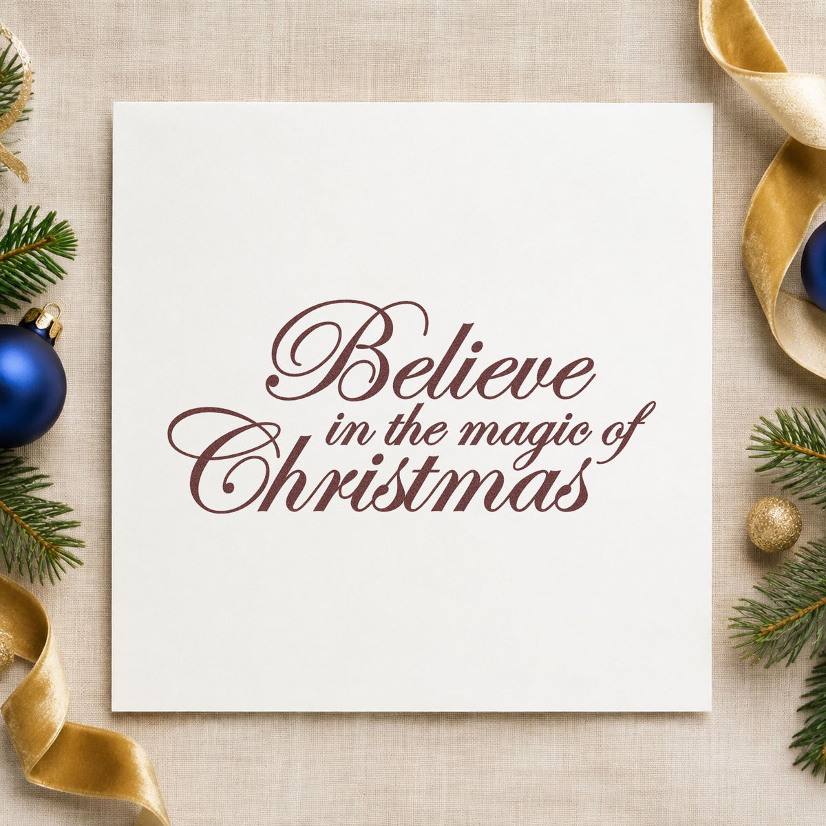 Believe Magic Of Christmas Script rubber stamp printed in brown ink, ready for vow practice sheet and similar paper crafts.