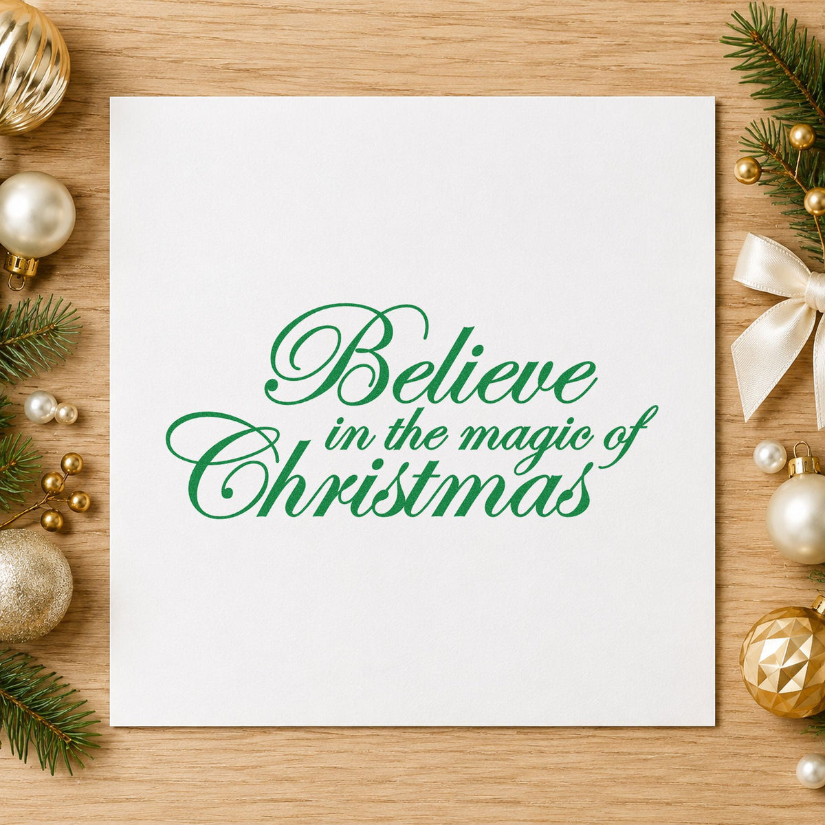 Believe Magic Of Christmas Script craft stamp imprinted in green ink on paper, a design suited to framed aisle easel.