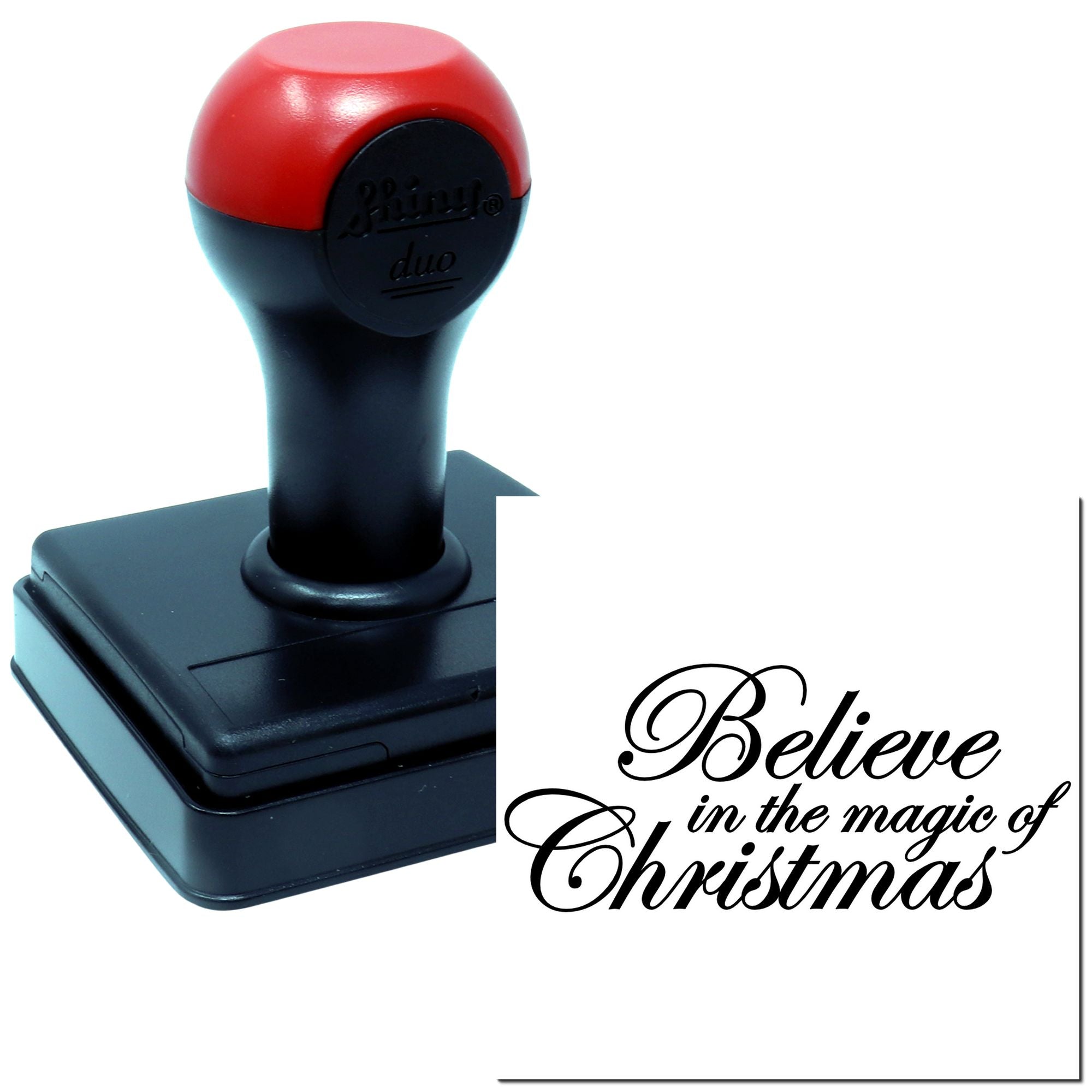 Self-inking Christmas rubber stamp with Believe in the magic of Christmas design for holiday cards and crafts.