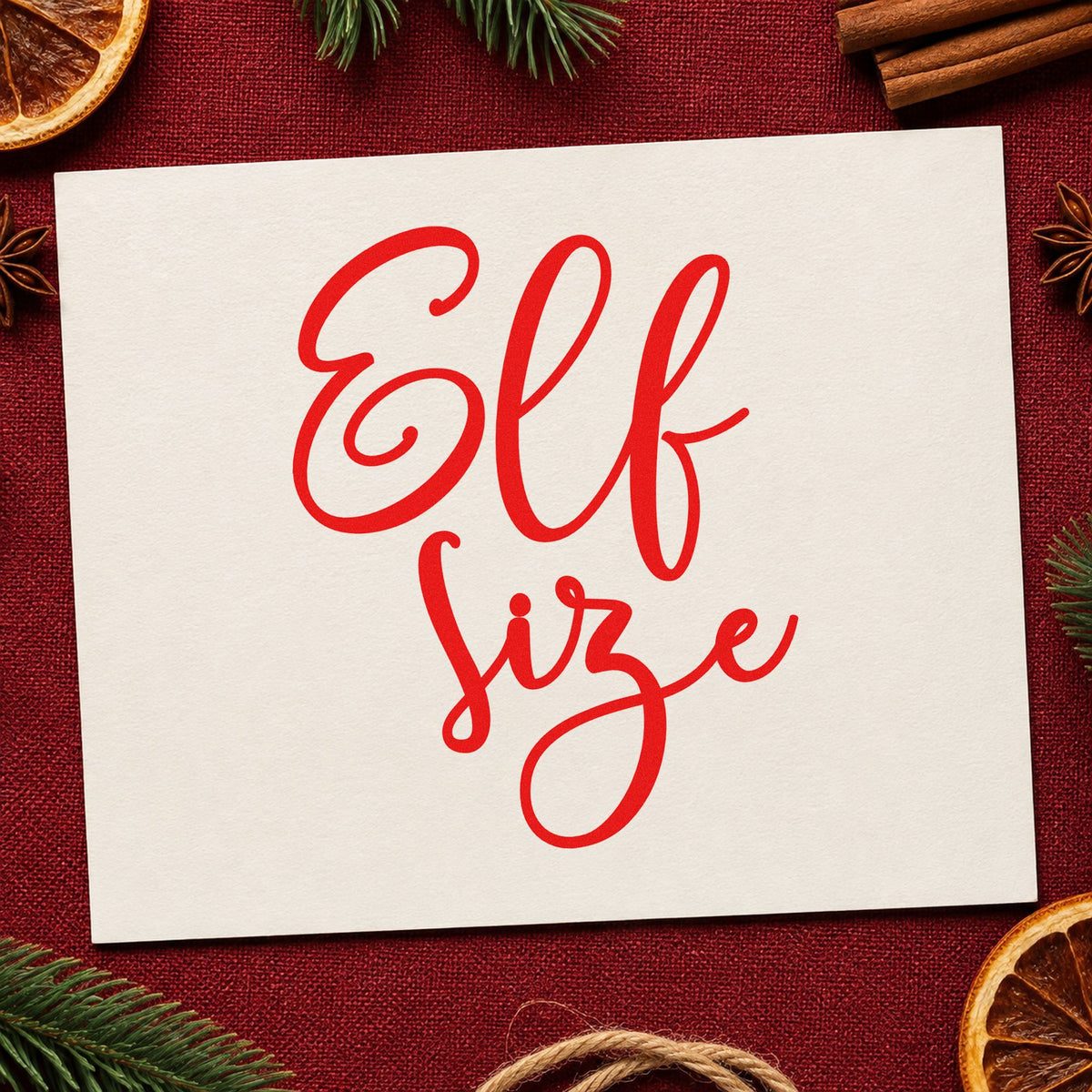 Elf Size Script rubber stamp shown in red ink, stamped for projects such as small bin labels.