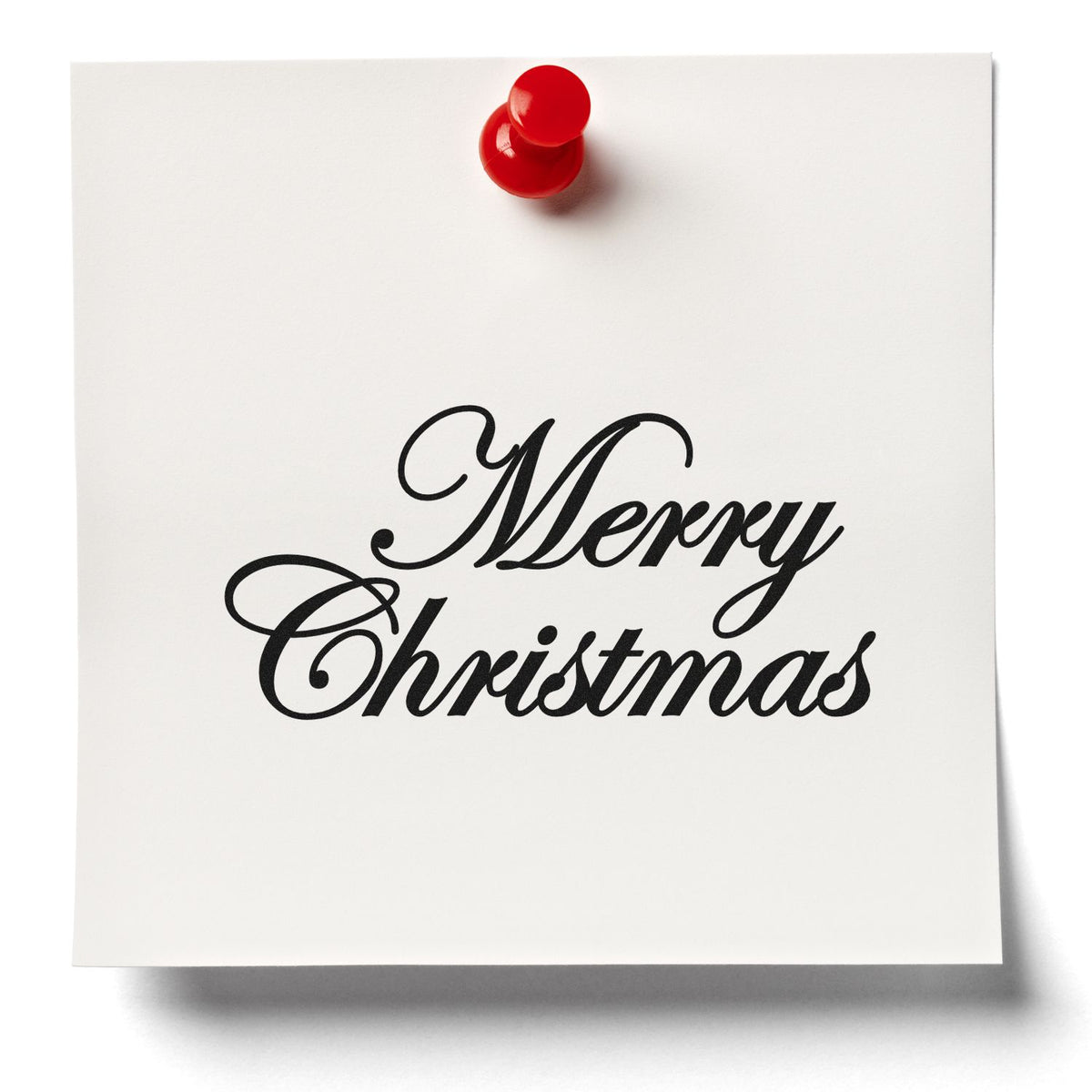 Merry Christmas Elegant Script Lettering Premium Wooden Stamp - Vintage Pro imprint stamped in black ink. Two rows of slanted ornamental script read "Merry Christmas."