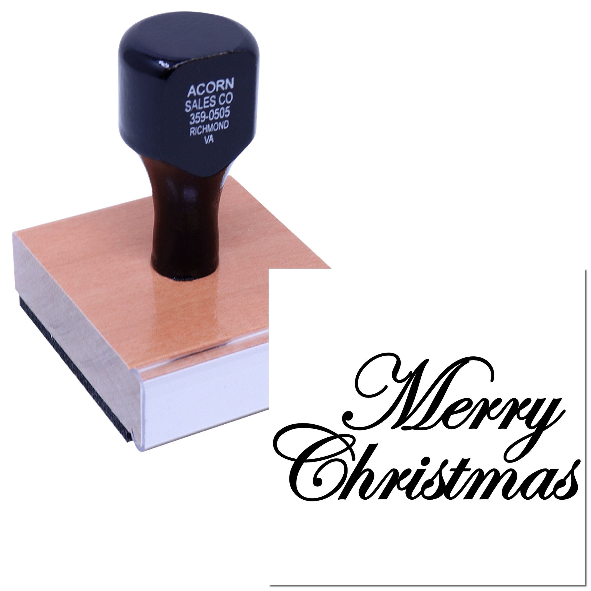 Custom wood handle Merry Christmas rubber stamp with scripted holiday greeting for cards, gifts and seasonal branding.