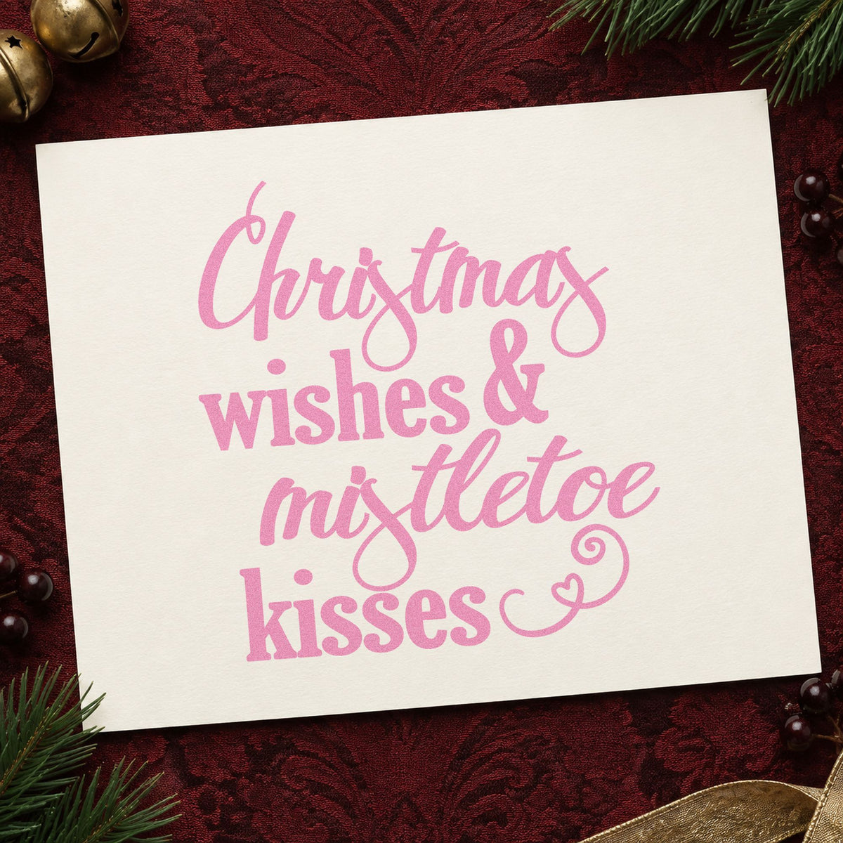 Christmas Wishes Mistletoe Kisses craft stamp in purple ink on cardstock, an easy option for couple album page.