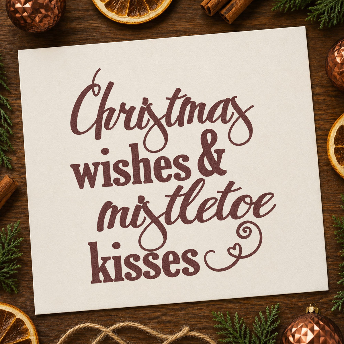 Christmas Wishes Mistletoe Kisses rubber stamp printed in brown ink, ready for love letter header and similar paper crafts.