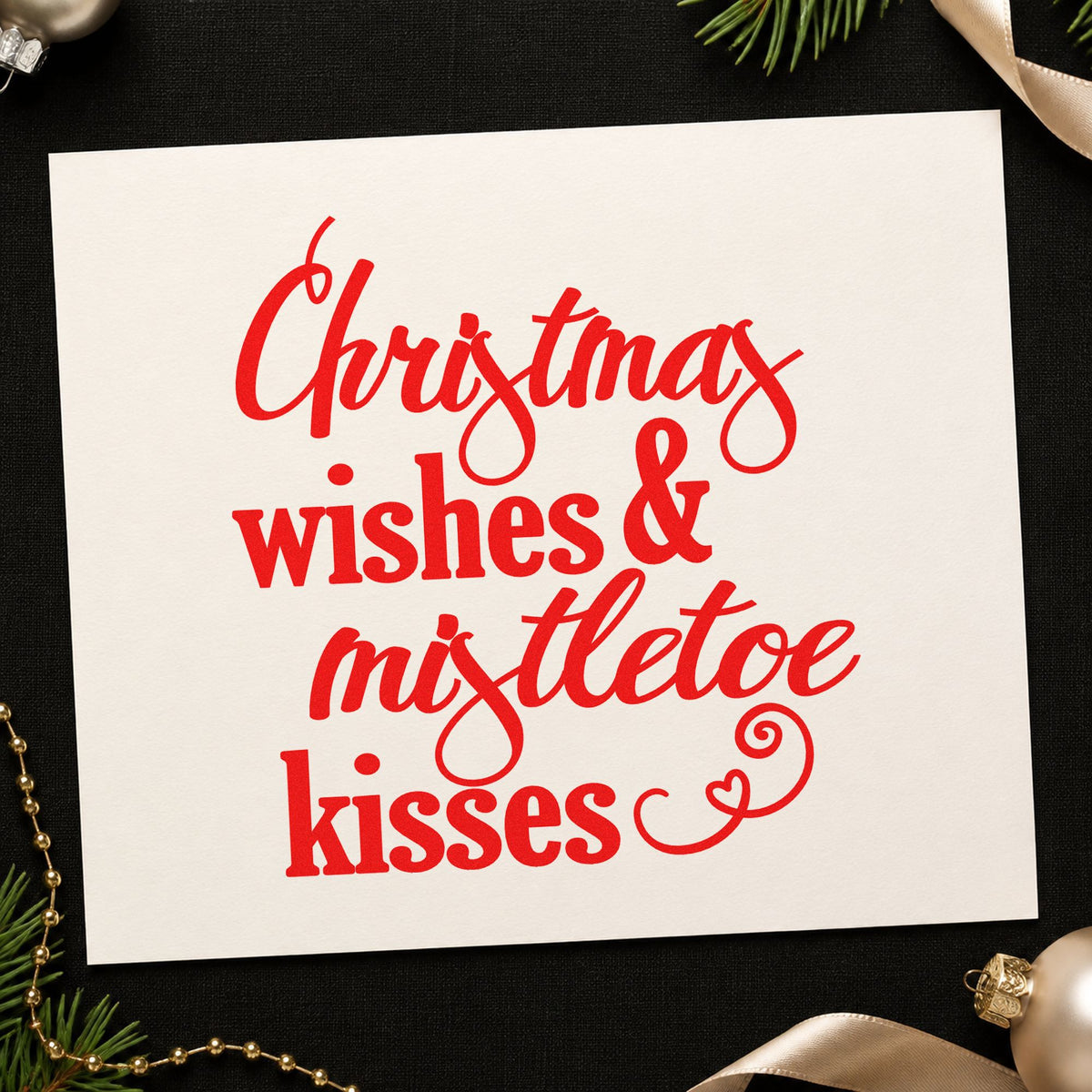 Christmas Wishes Mistletoe Kisses rubber stamp shown in red ink, stamped for projects such as ring box seals.