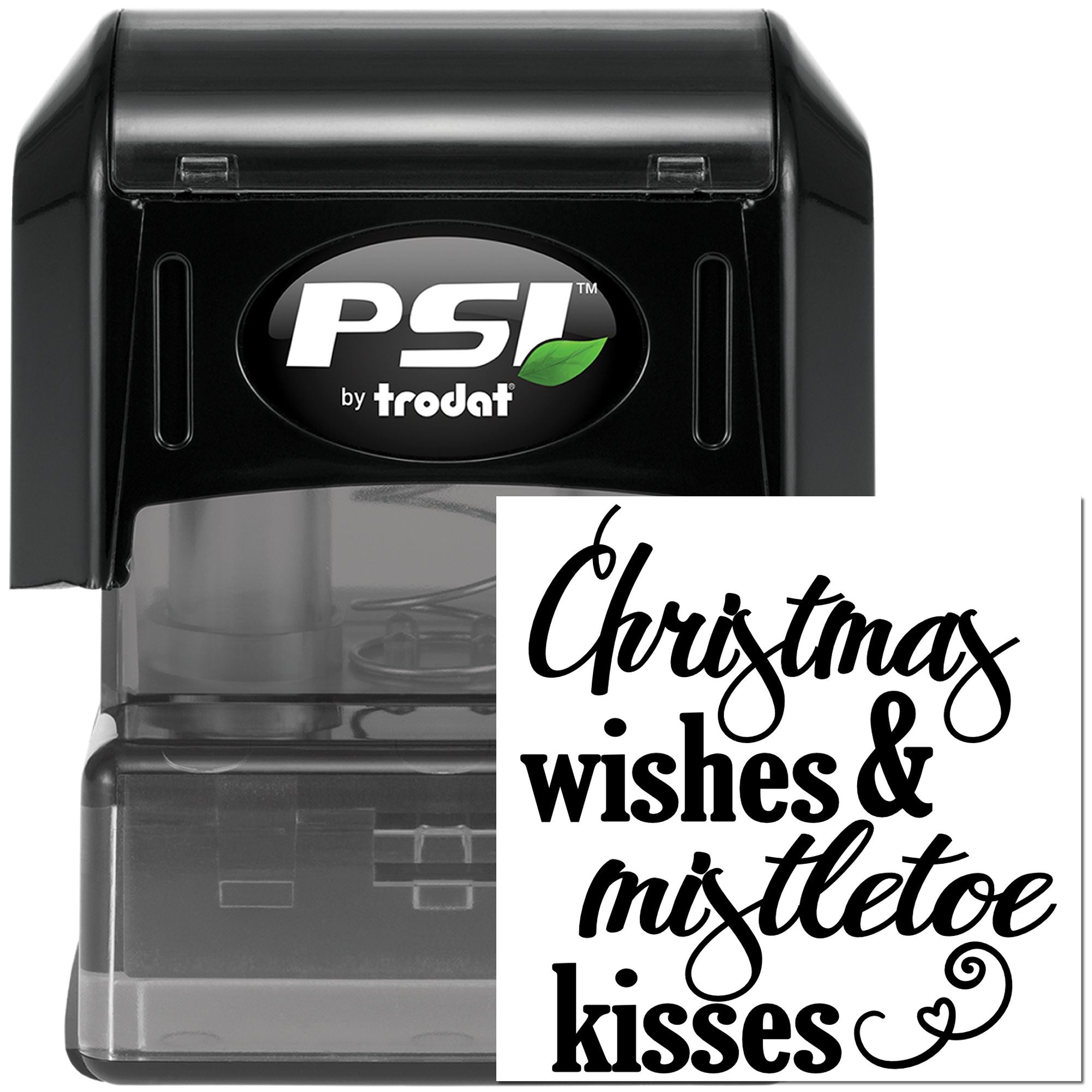 PSI by Trodat self-inking rubber stamp with Christmas wishes and mistletoe kisses design for holiday cards and crafts.