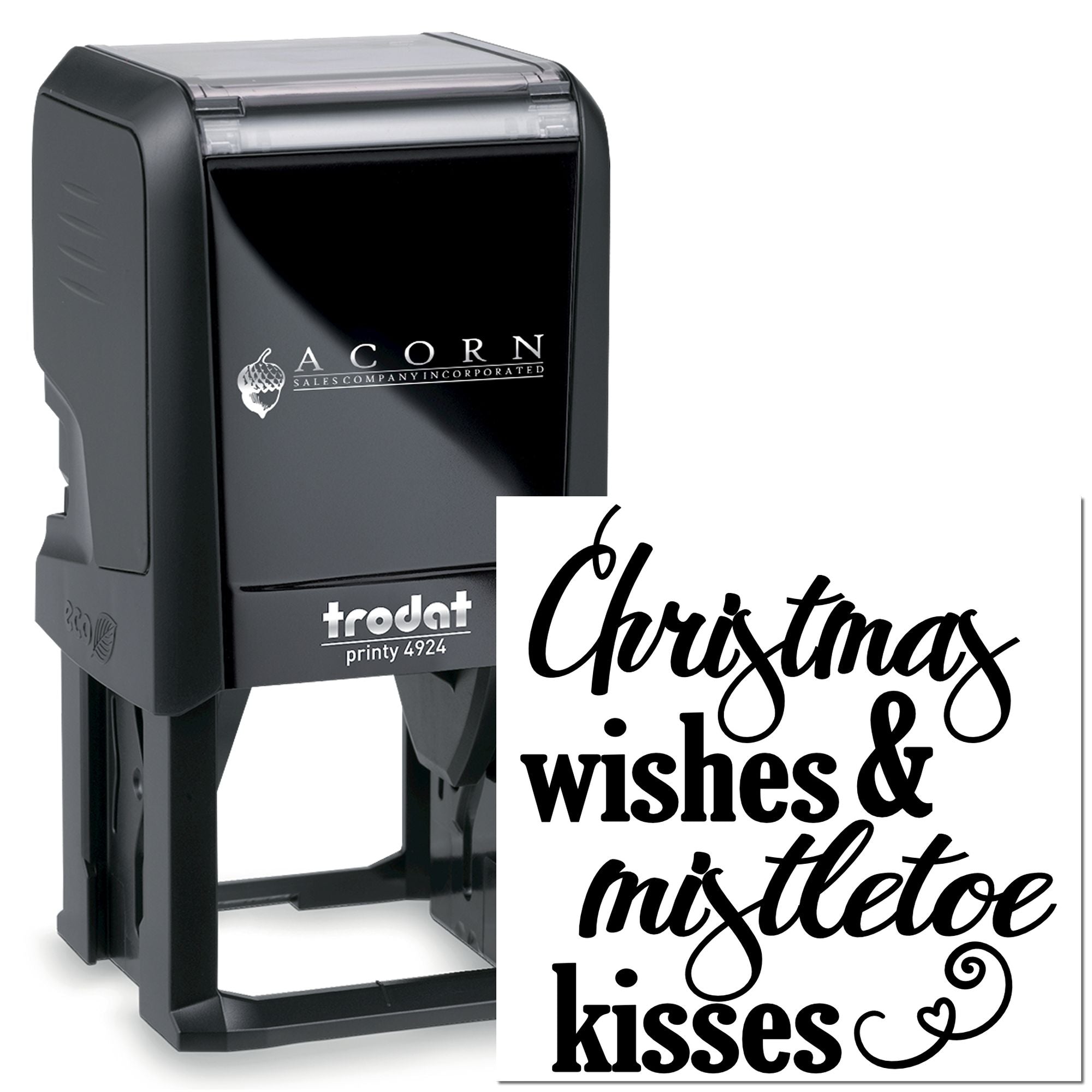 Custom self-inking Christmas rubber stamp with festive Christmas wishes & mistletoe kisses design, Trodat Printy 4924.