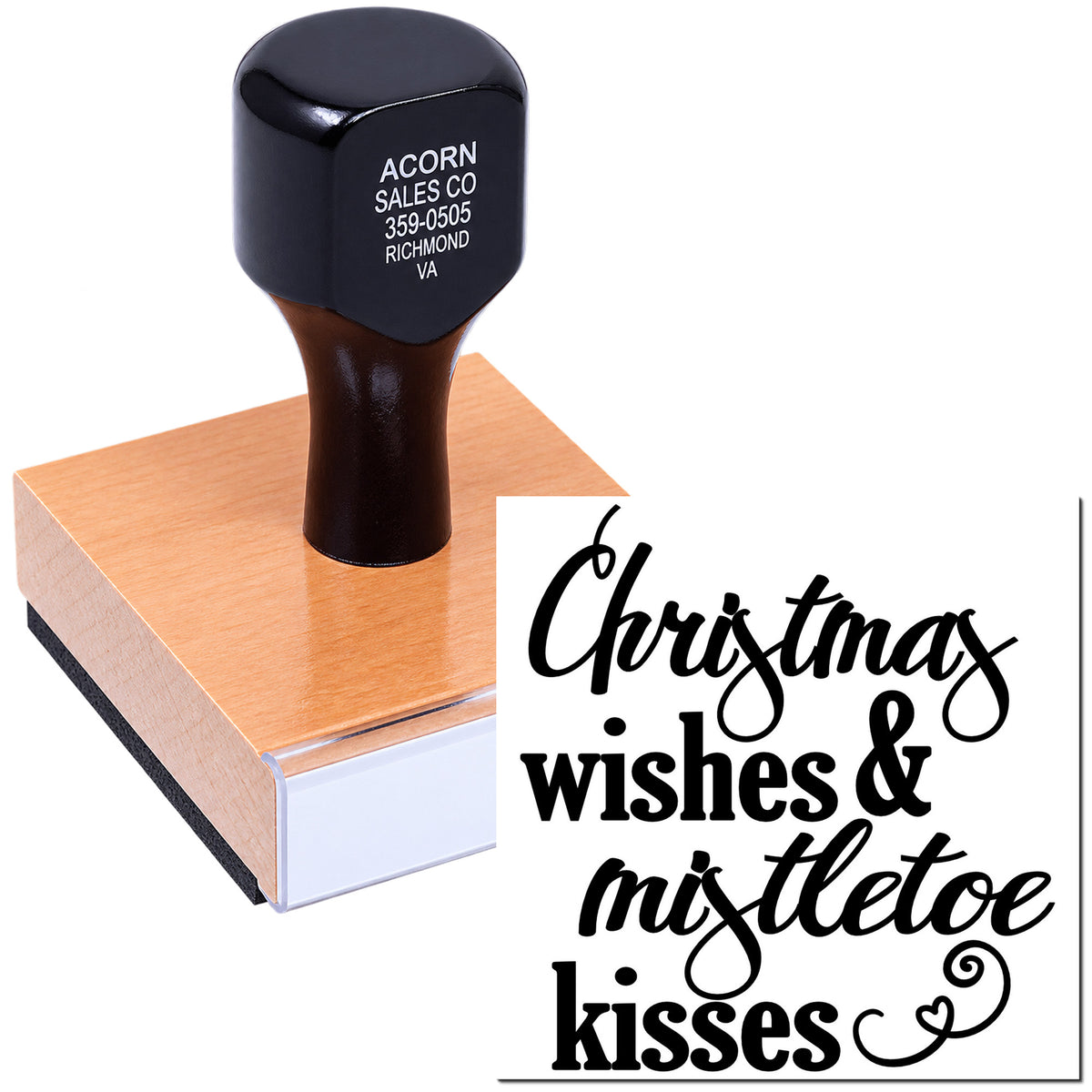 Custom Christmas rubber stamp with Christmas wishes & mistletoe kisses holiday greeting design.