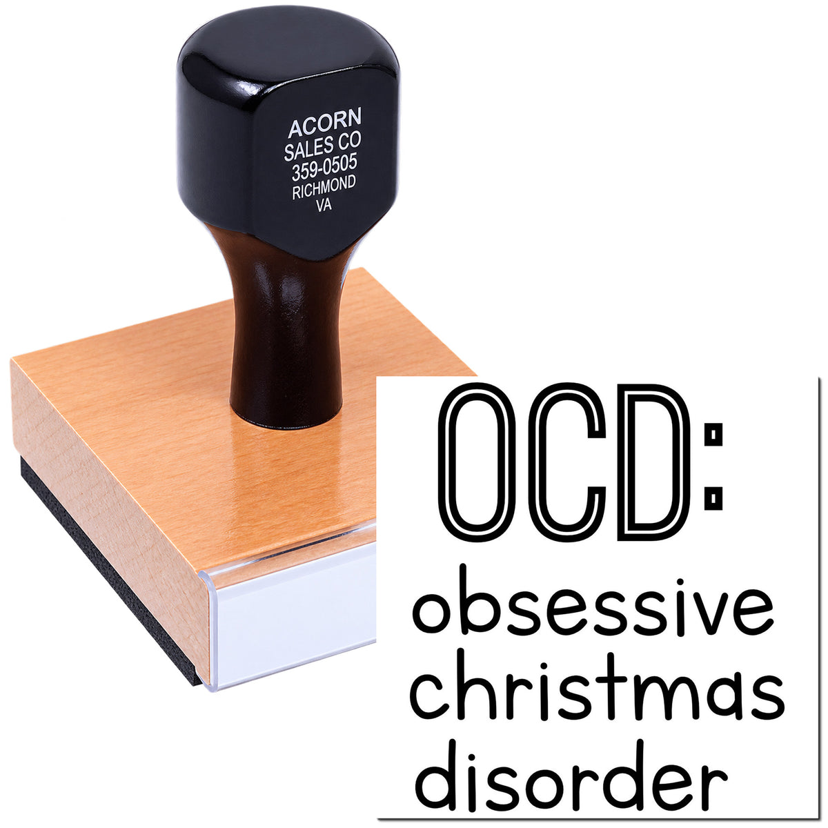 Custom rubber stamp with OCD: Obsessive Christmas Disorder for holiday cards, crafts, and festive stamping projects.