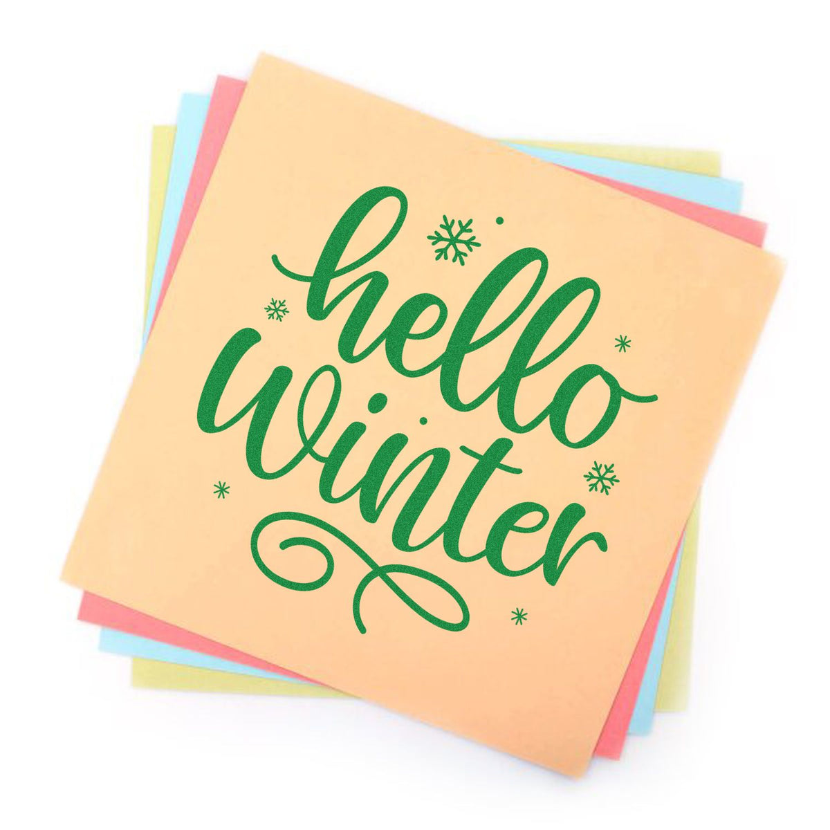 Hello Winter Snowflakes rubber stamp shown in green ink, stamped for projects such as cafe album page.