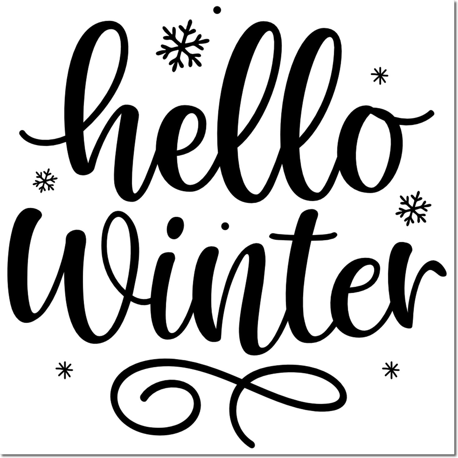 Hello winter rubber stamp design with snowflakes and script lettering for seasonal crafts, cards, and winter projects.