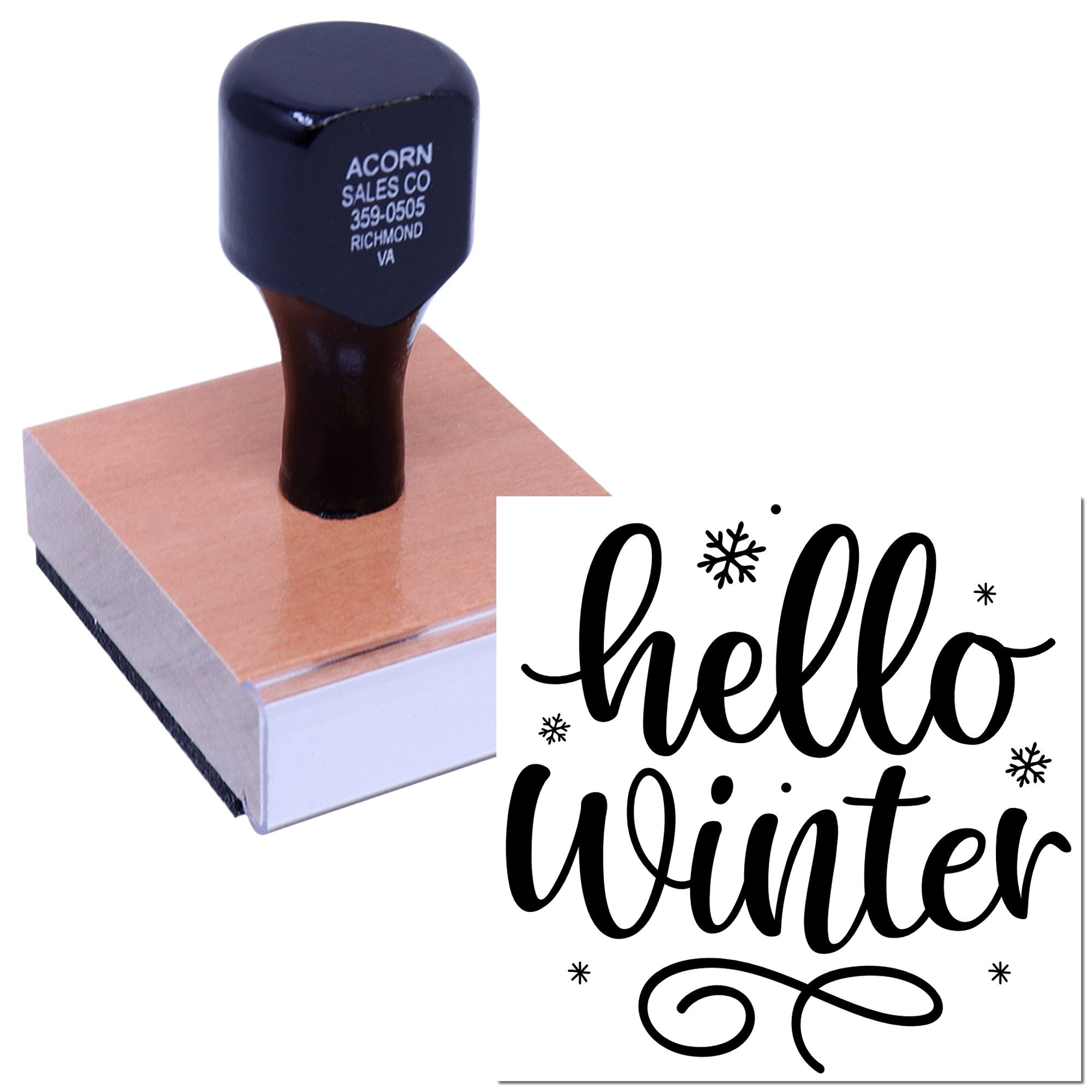 Custom rubber stamp with hello winter design and snowflakes, ideal for seasonal greeting cards and craft projects.
