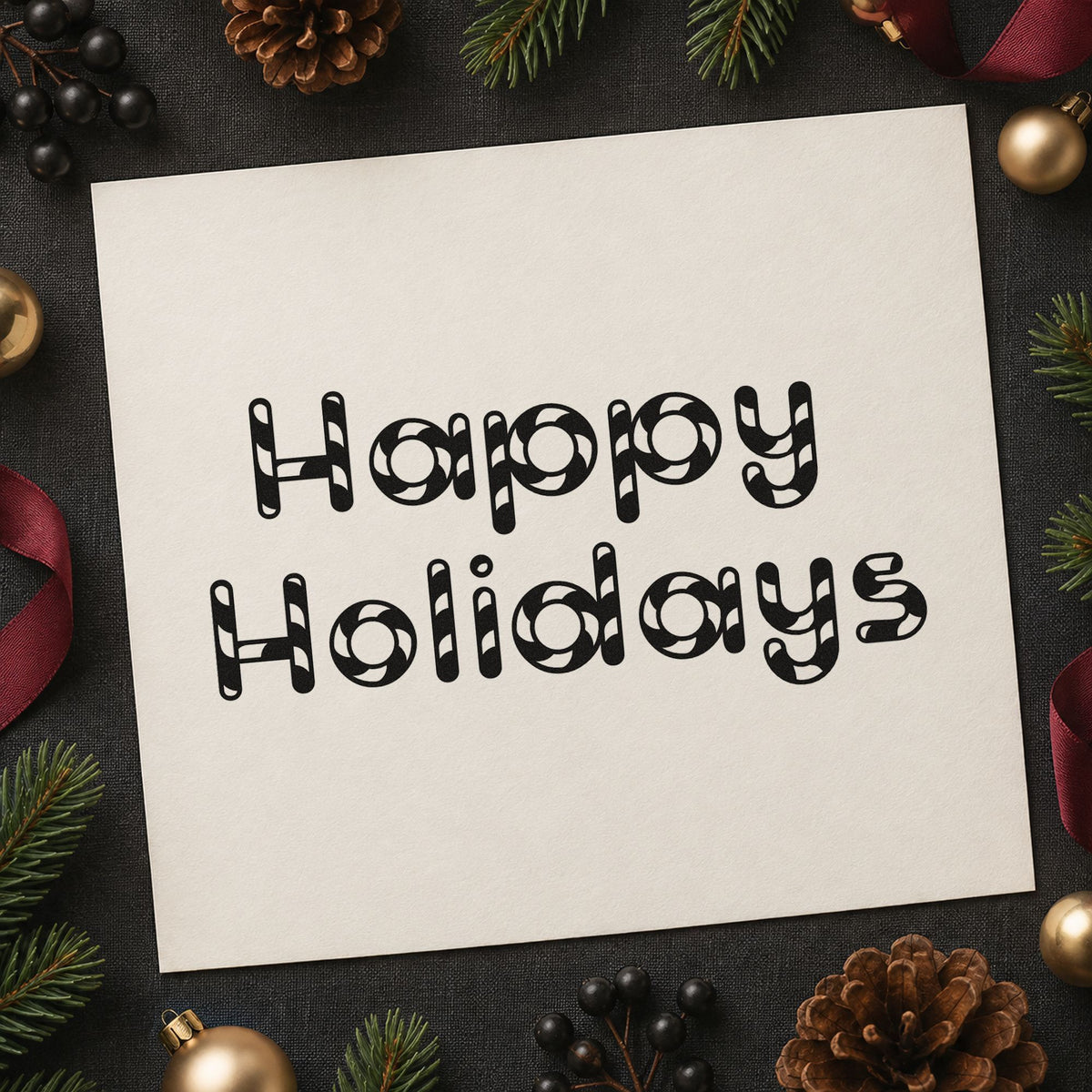Happy Holidays Patterned Letters rubber stamp printed in black ink, ready for pattern filled cards and similar paper crafts.