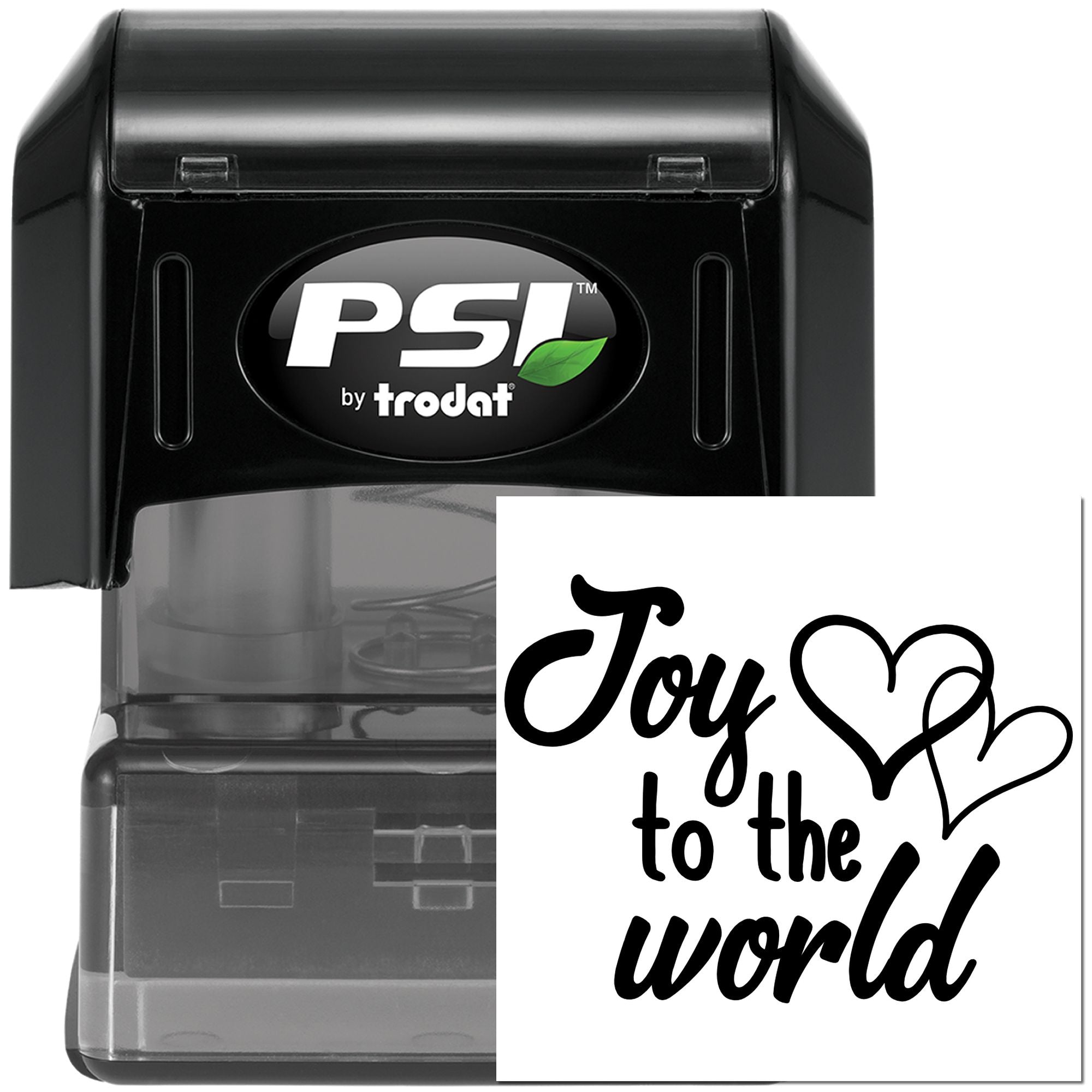 PSI by Trodat self-inking rubber stamp with custom Joy to the World holiday design and heart accents.