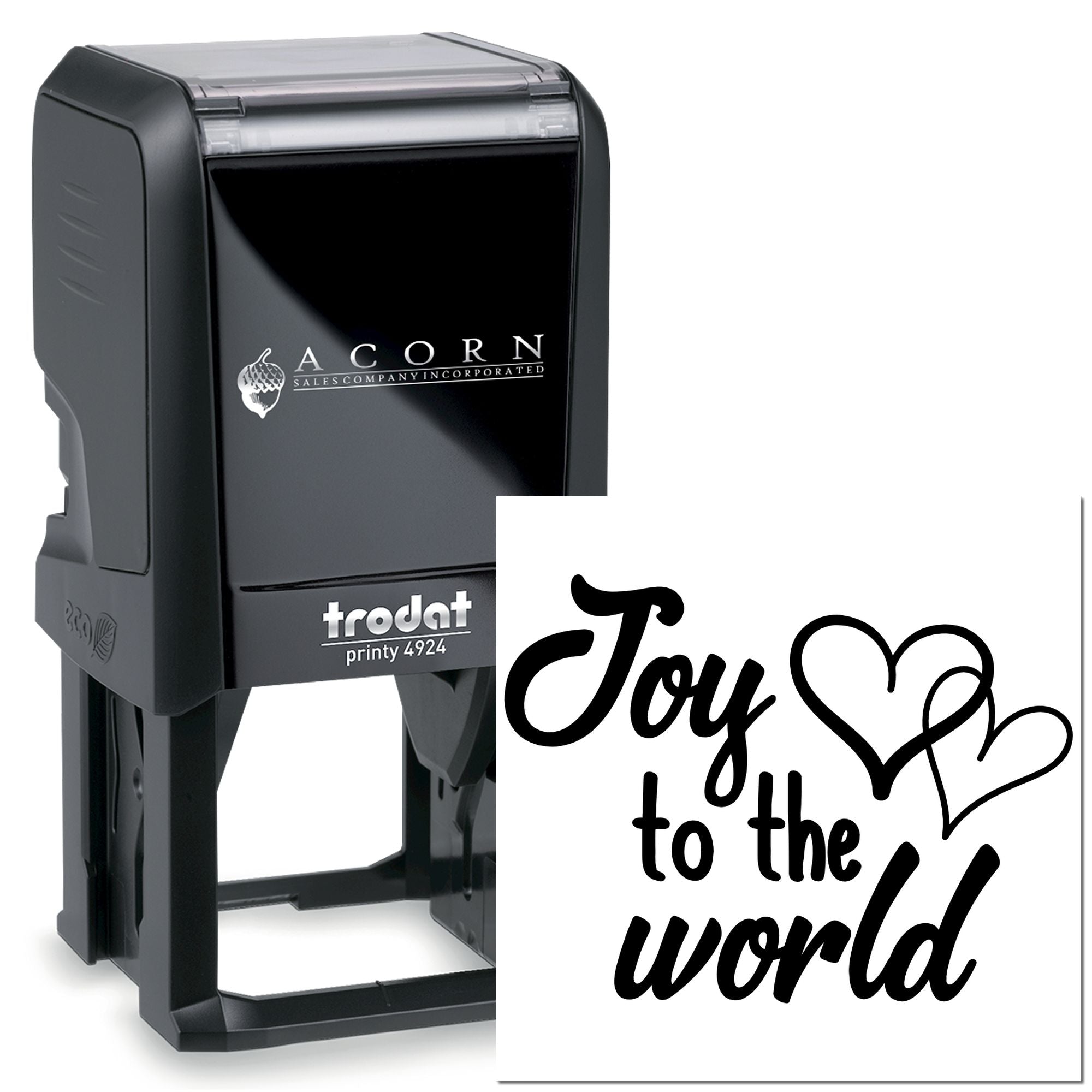 Trodat Printy 4924 self-inking rubber stamp with custom Joy to the World heart design for holiday cards and crafts.