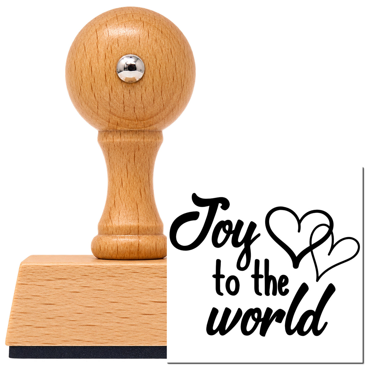 Joy To World Hearts Vintage Pro rubber stamp in European beech wood with a round knob handle, shown beside its black imprint.