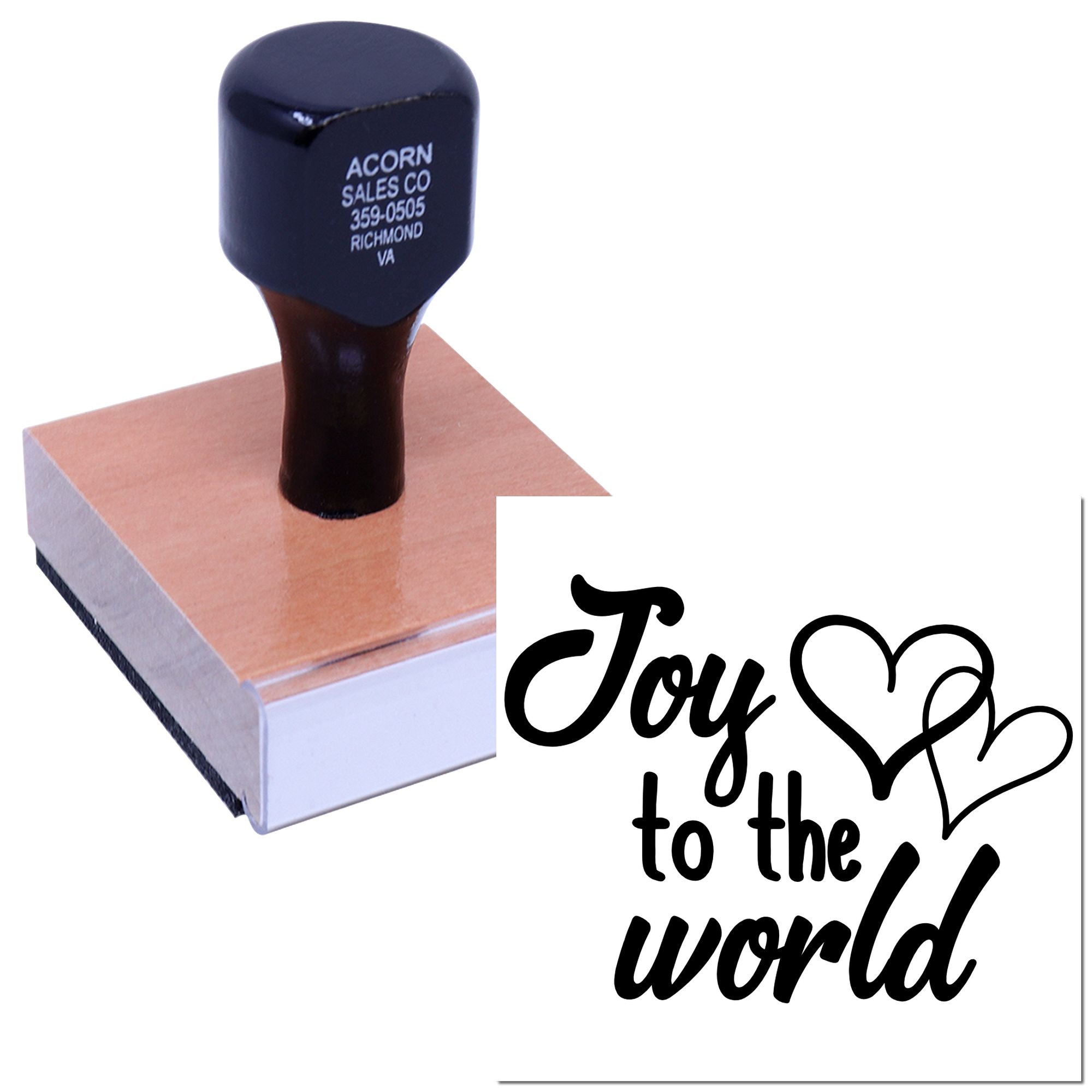 Wooden rubber stamp with Joy to the World design and hearts for festive holiday card making and crafts.