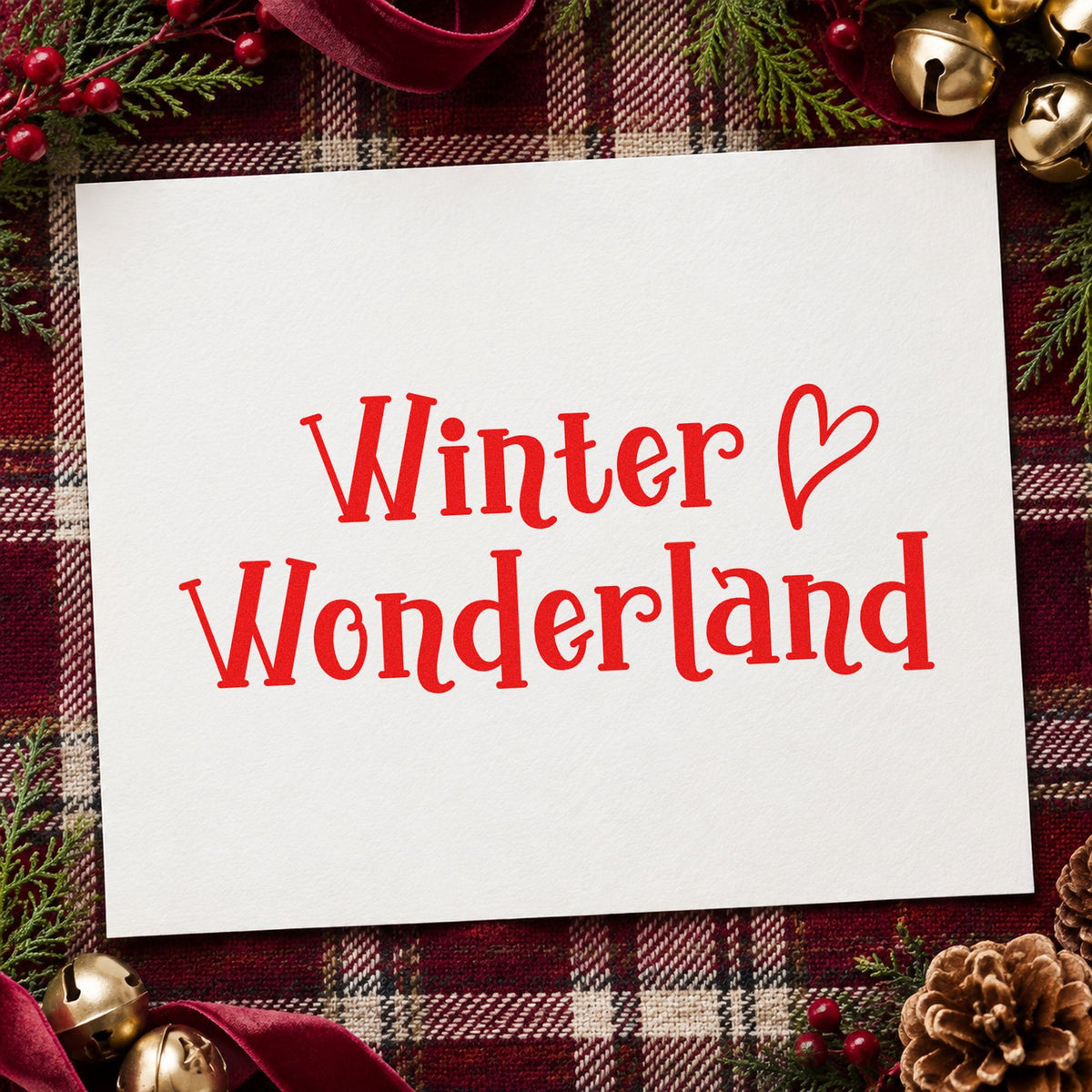 Winter Wonderland Heart craft stamp in red ink on cardstock, an easy option for mitten cuff printing.