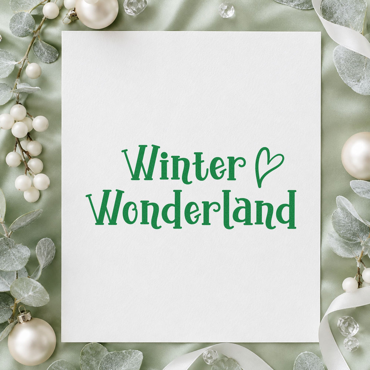 Winter Wonderland Heart craft stamp imprinted in green ink on paper, a design suited to framed hearth ledge.