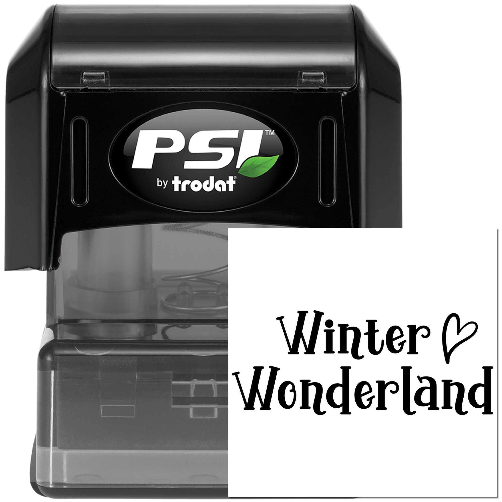 Custom self-inking rubber stamp with Winter Wonderland text, PSI by Trodat, ideal for holiday crafts and packaging.