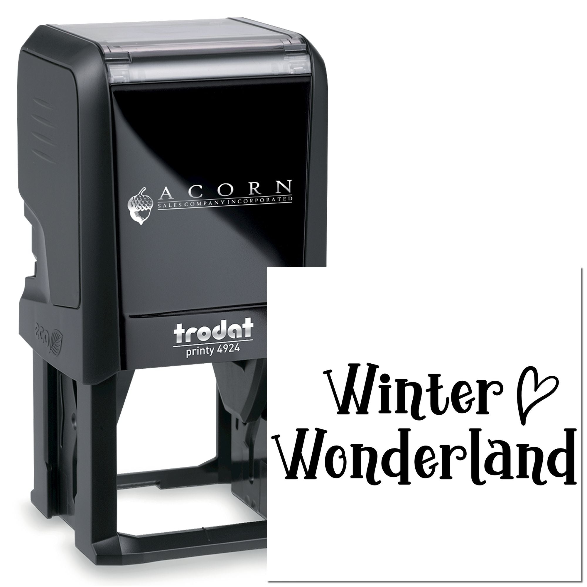 Custom Trodat Printy self-inking rubber stamp with Winter Wonderland text for holiday cards, crafts, and festive packaging.