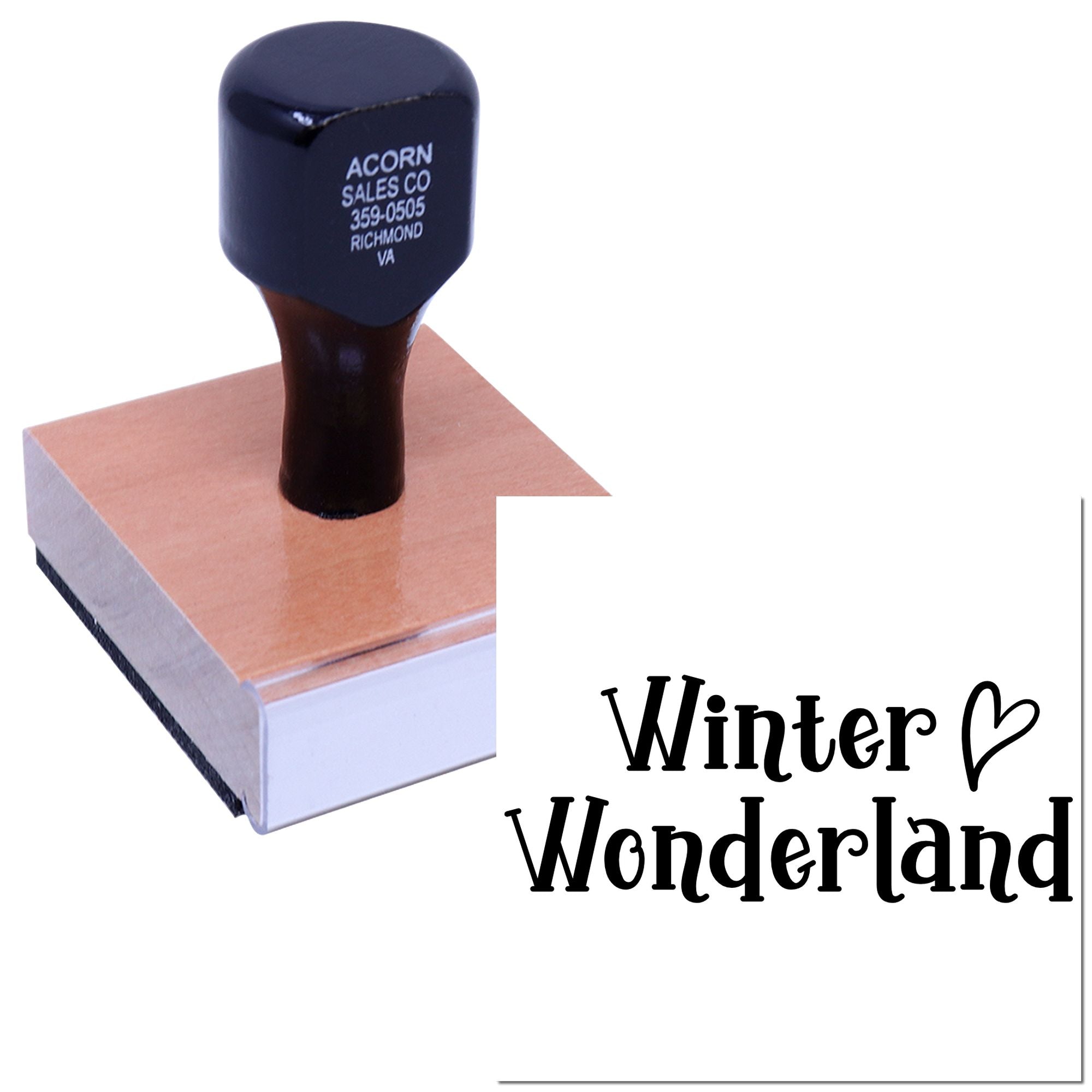 Custom rubber stamp featuring Winter Wonderland text for holiday crafts, cards, and seasonal packaging.