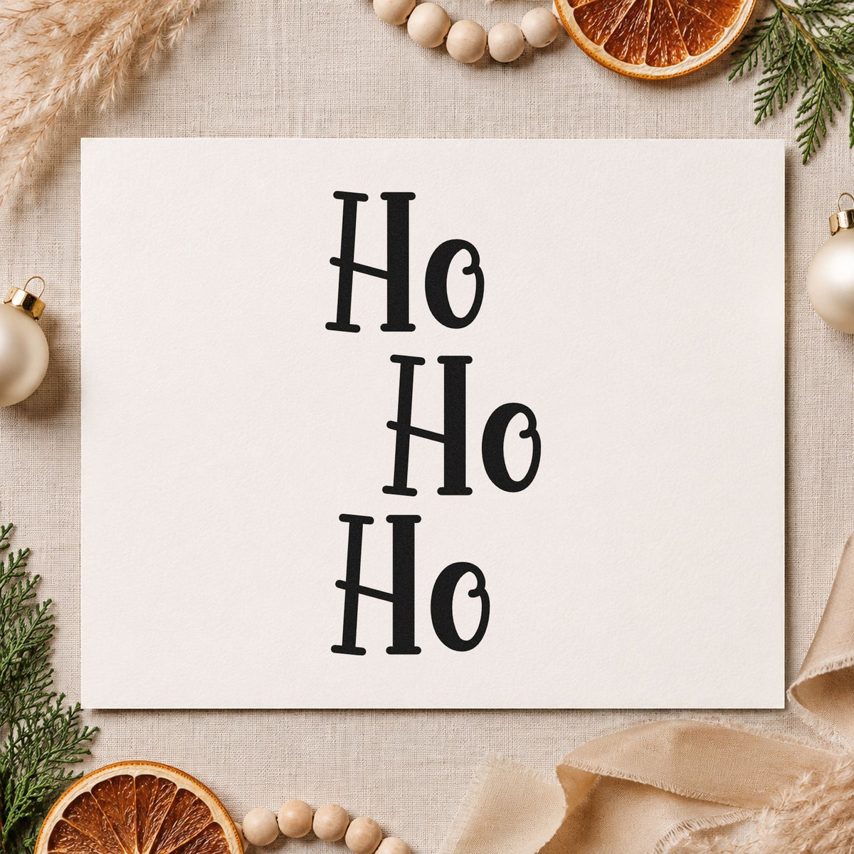 Three Stacked Ho Words rubber stamp printed in black ink, ready for offset rows cards and similar paper crafts.