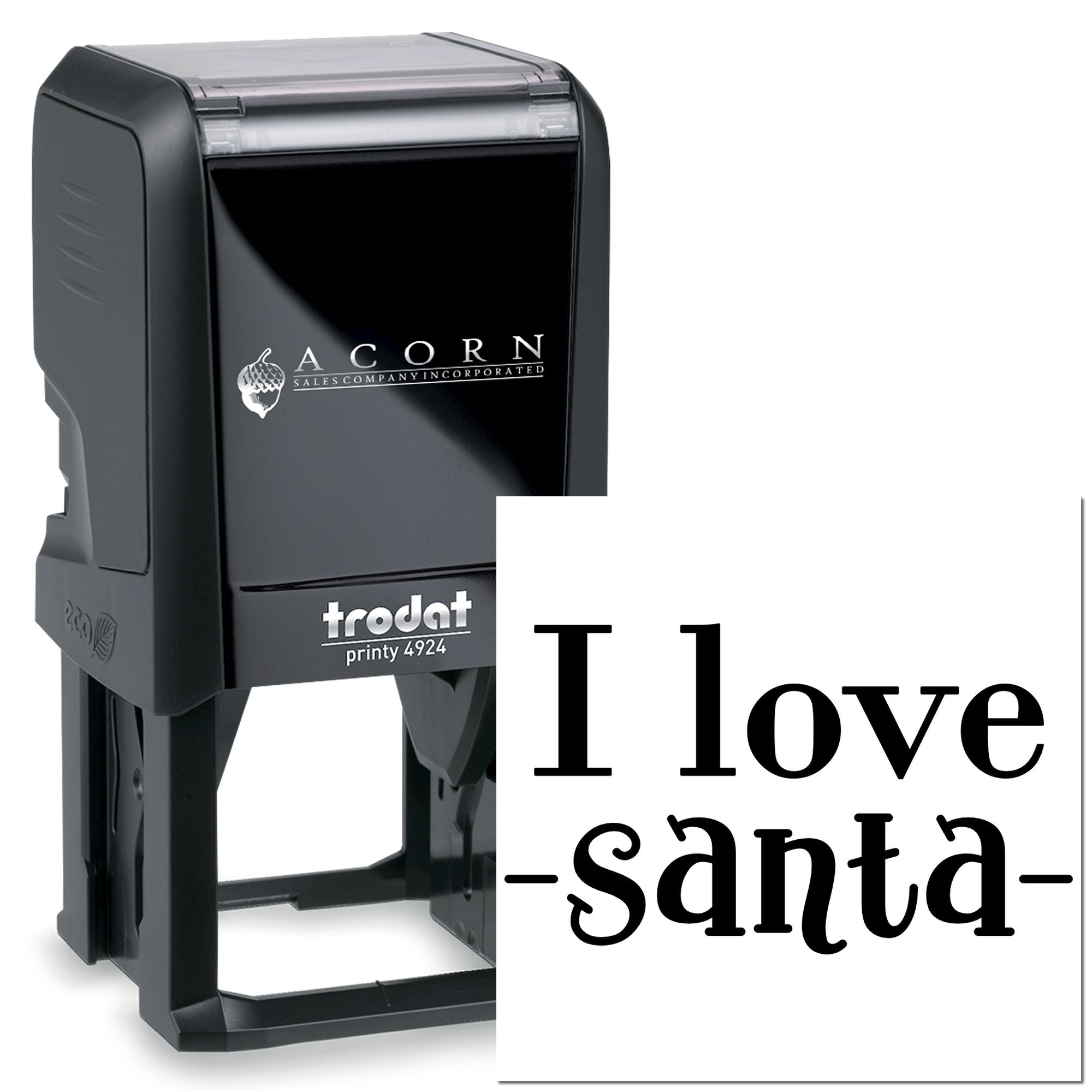 Custom Trodat Printy self-inking rubber stamp with I love Santa design for holiday crafting and personalized stamping.