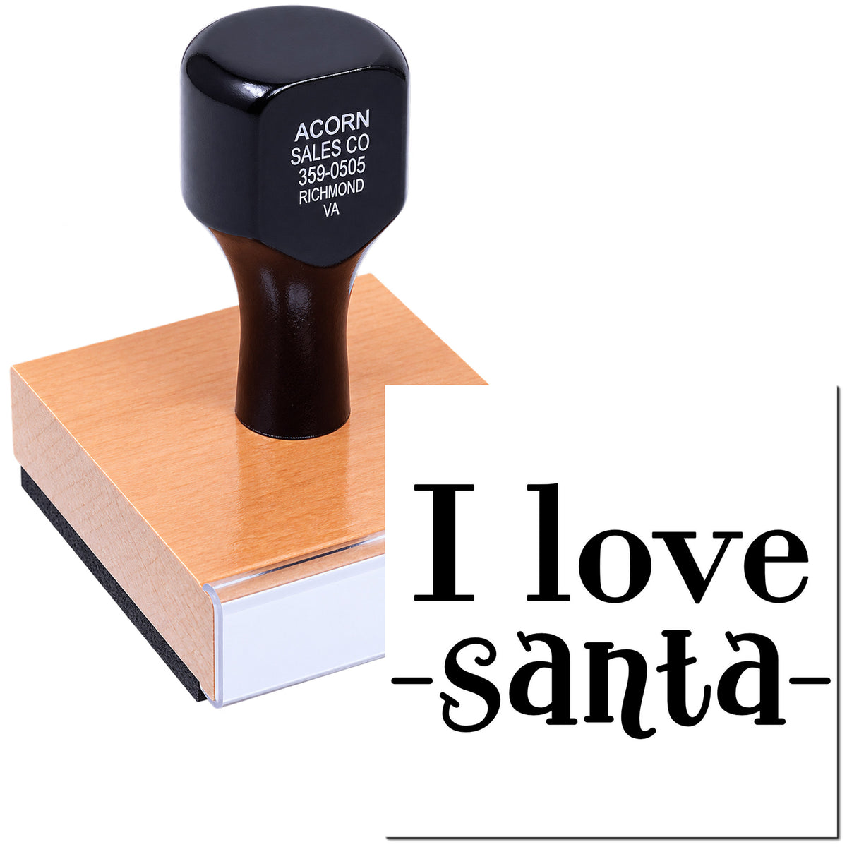 Custom rubber stamp with I Love Santa design, ideal for holiday card making, crafts, and festive gifting.