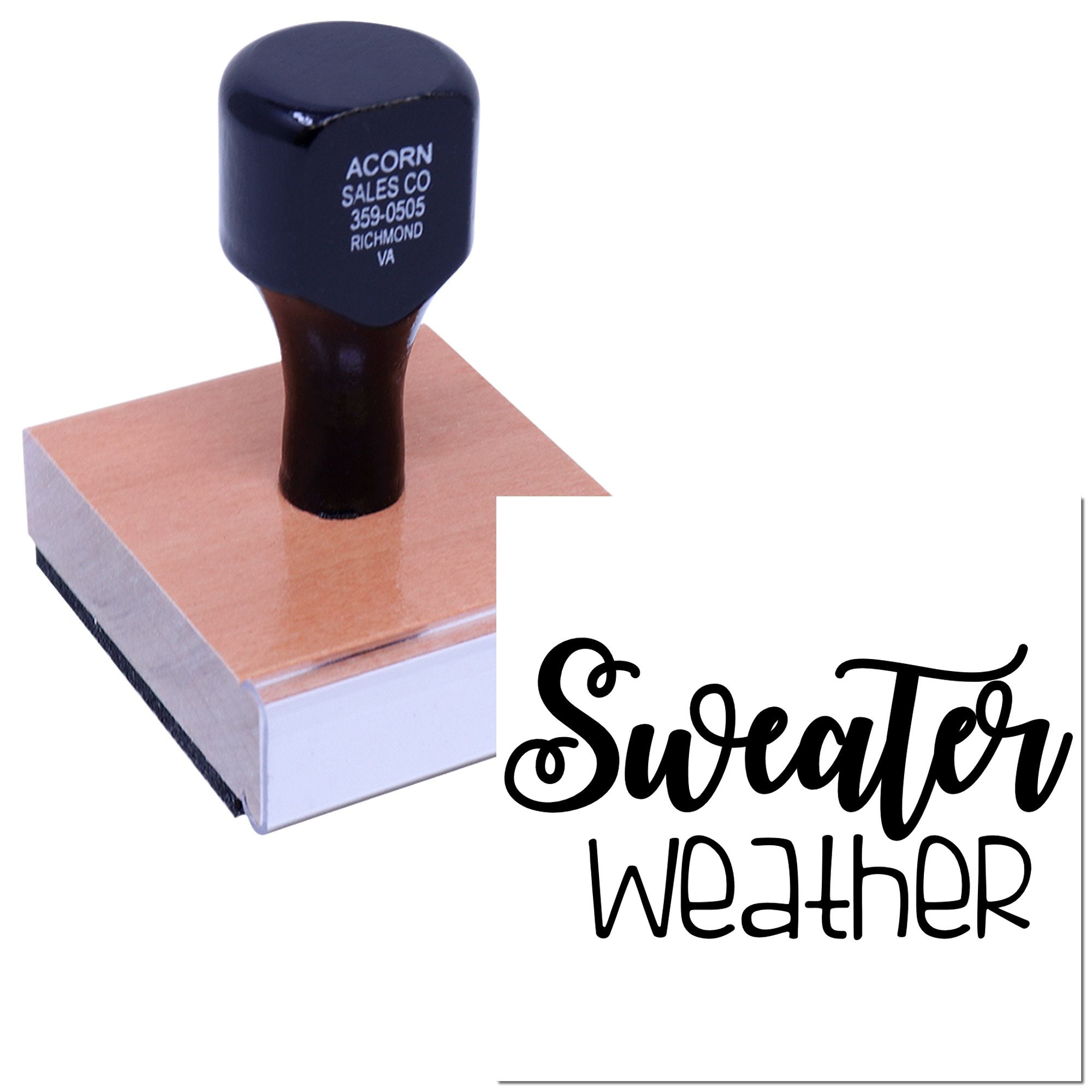 Sweater Weather custom rubber stamp for seasonal crafts, stationery, and small business packaging.