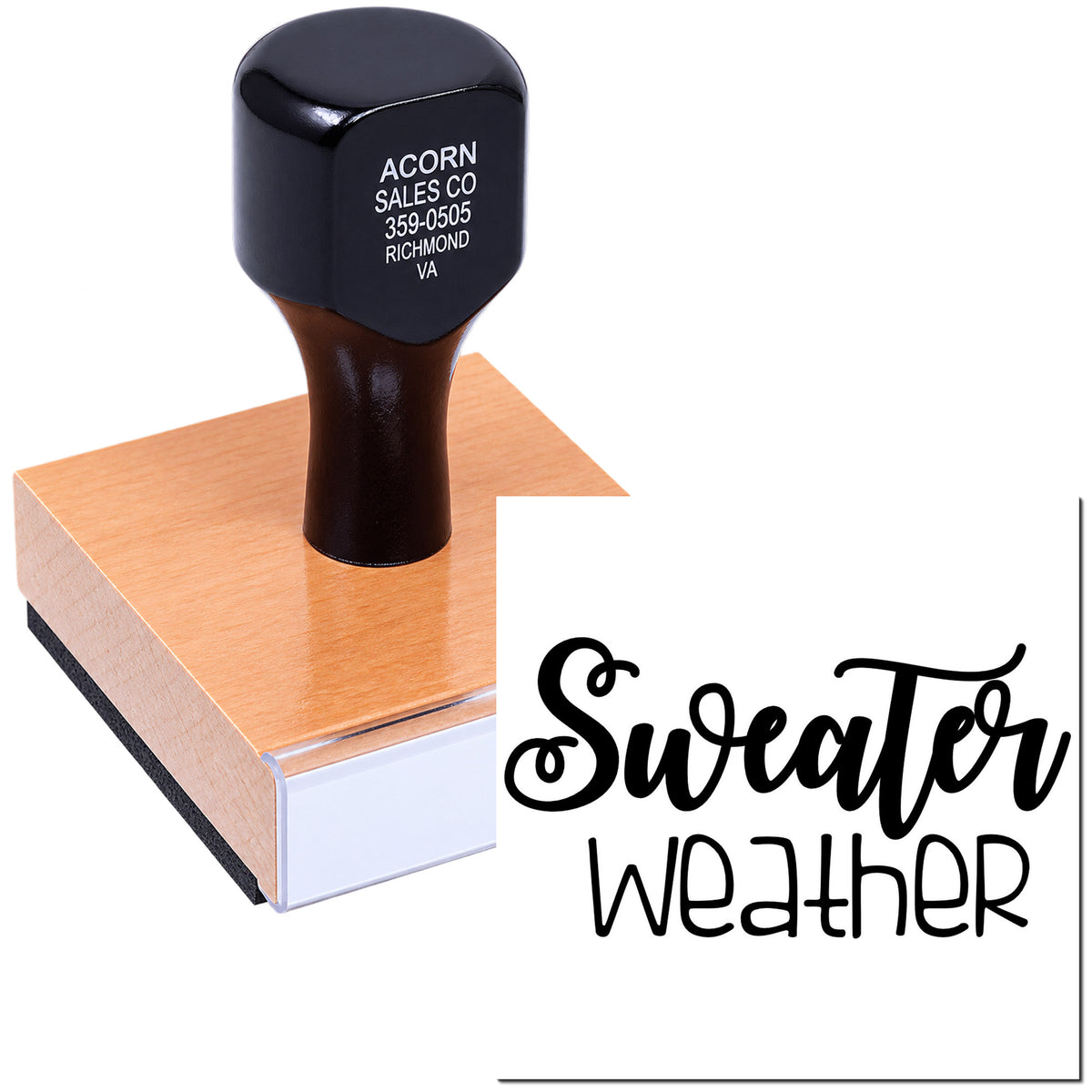 Sweater Weather custom rubber stamp for seasonal crafts, stationery, and small business packaging.