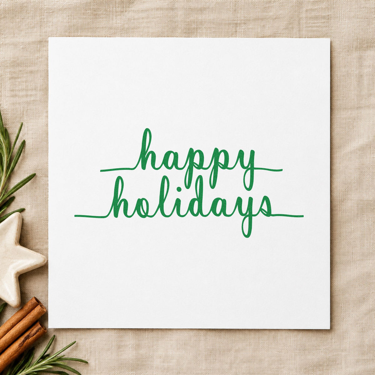 Happy Holidays Underlined Script craft stamp imprinted in green ink on paper, a design suited to framed long console.