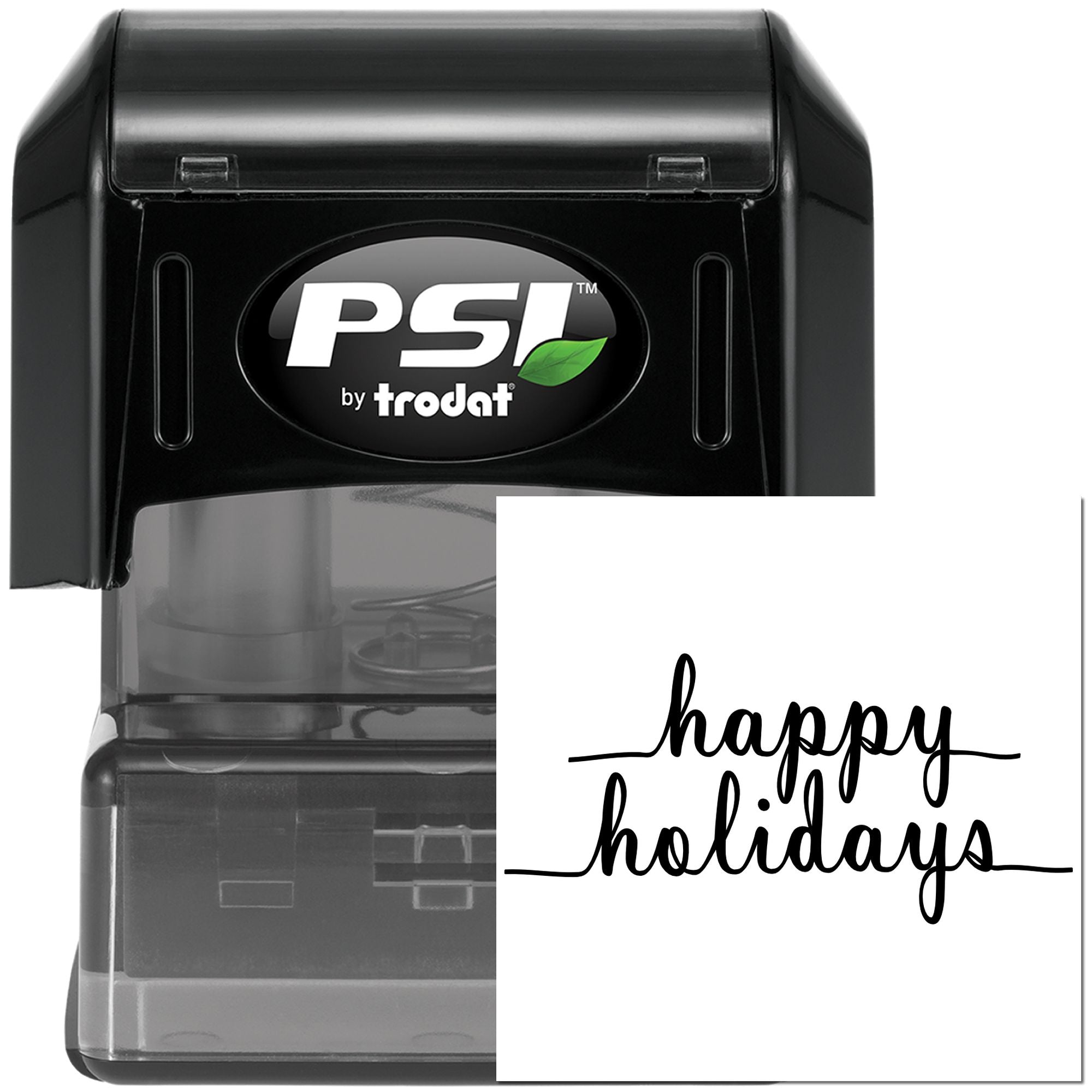 PSI by Trodat self-inking rubber stamp with Happy Holidays design for custom holiday cards and festive packaging