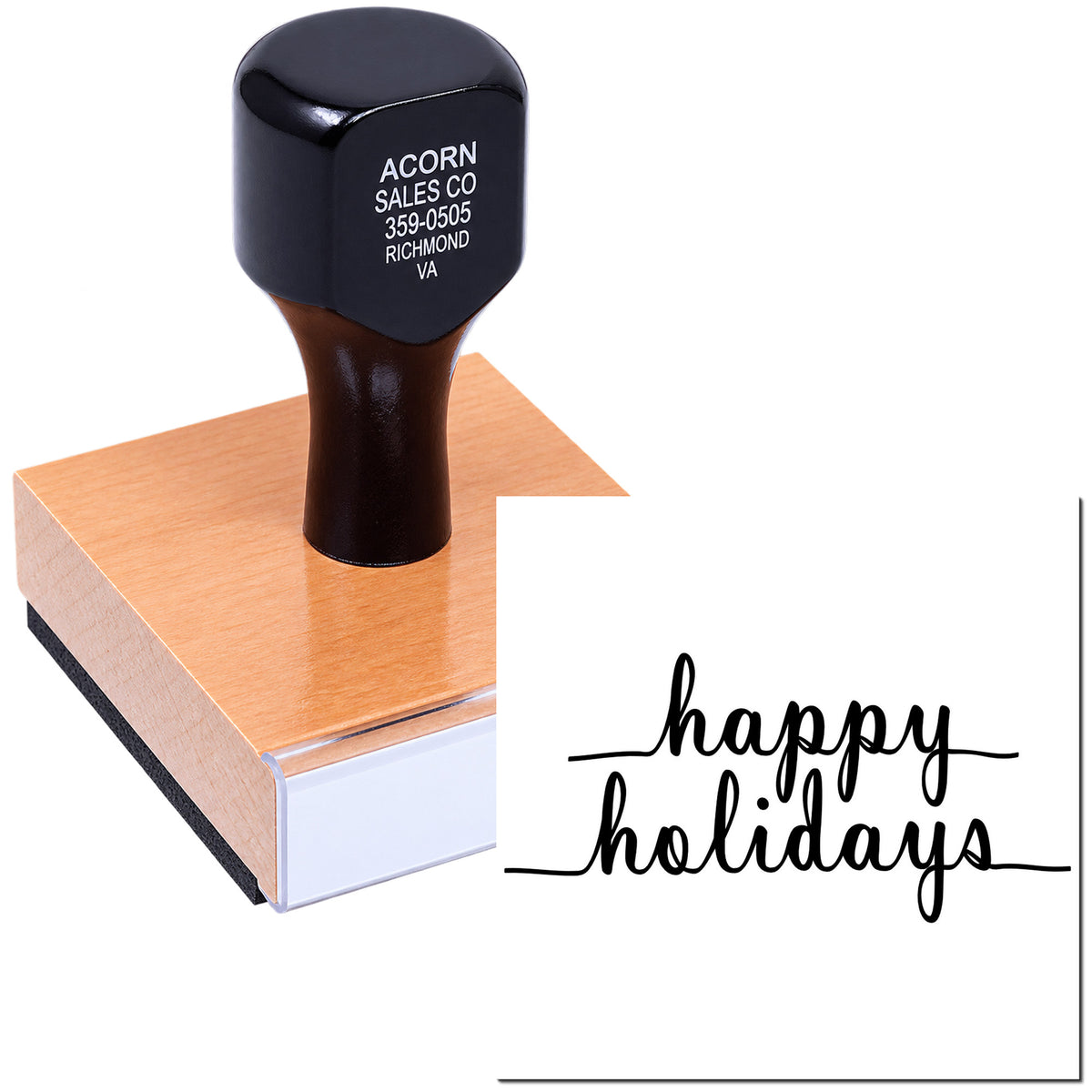 Custom rubber stamp with Happy Holidays design and business return address for seasonal card and mail use.