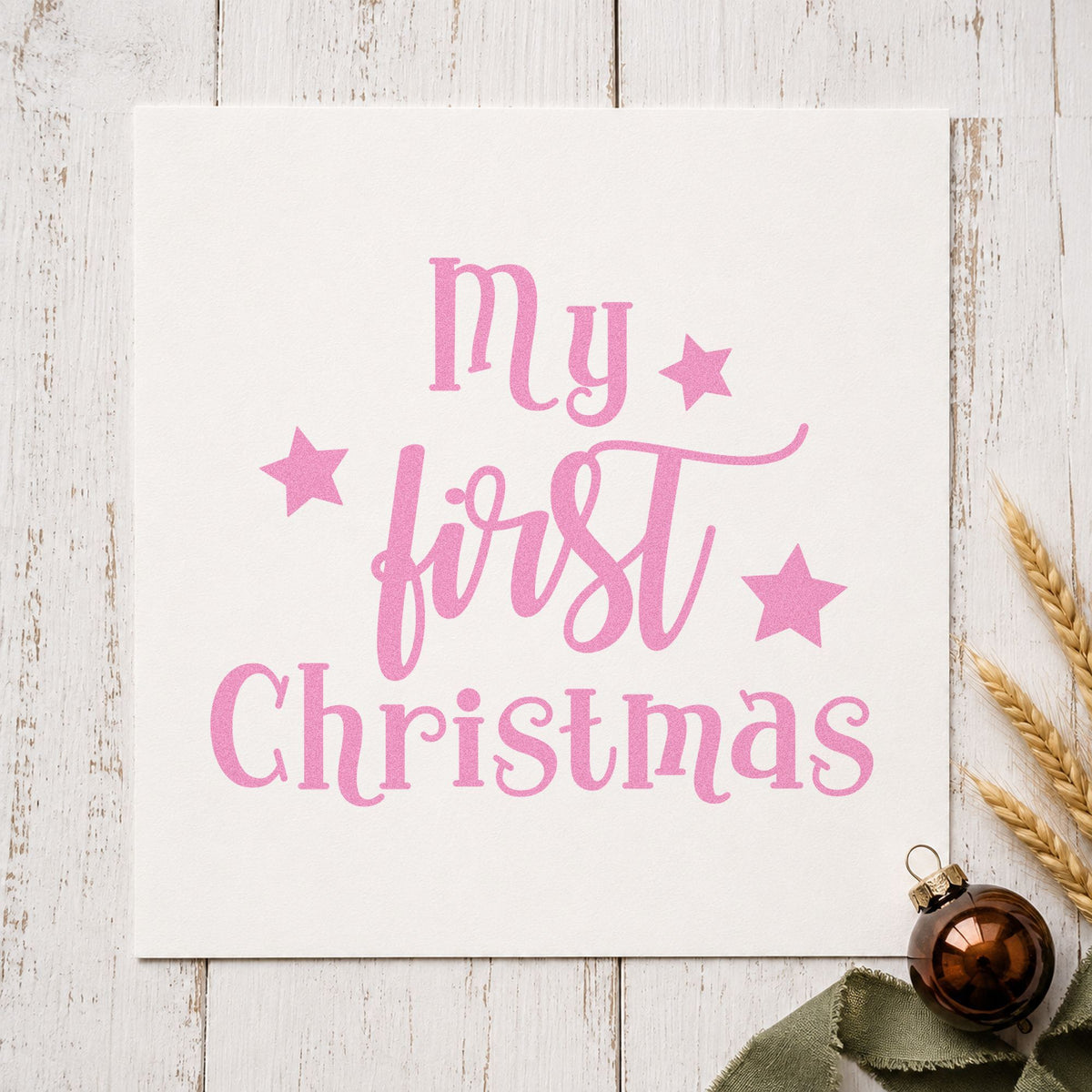 My First Christmas Stars craft stamp in purple ink on cardstock, an easy option for puppy album page.