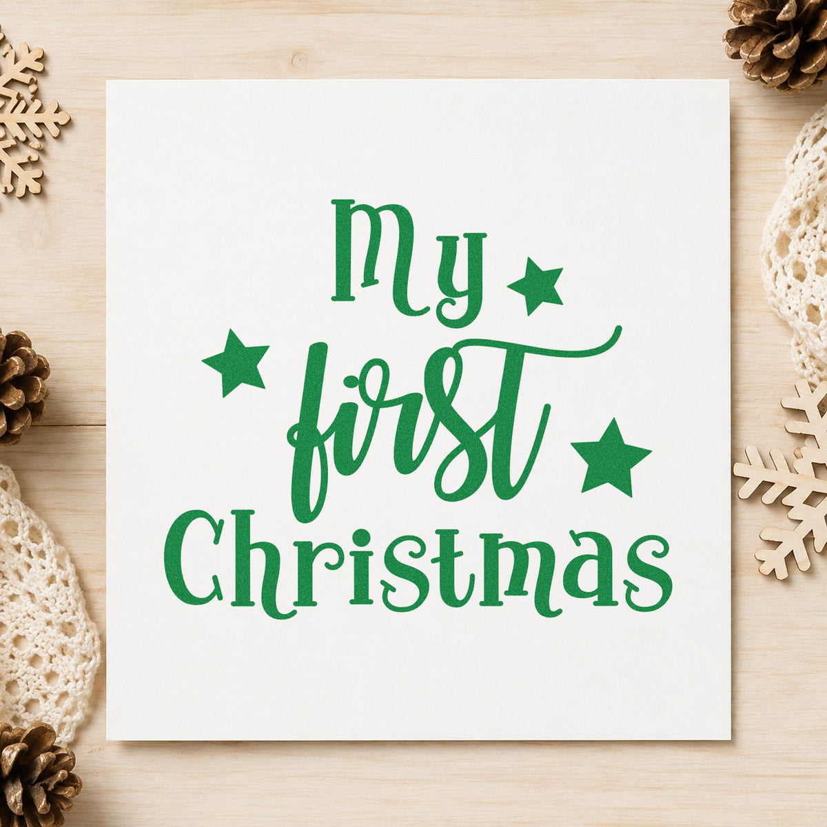 My First Christmas Stars craft stamp imprinted in green ink on paper, a design suited to framed entry nook.