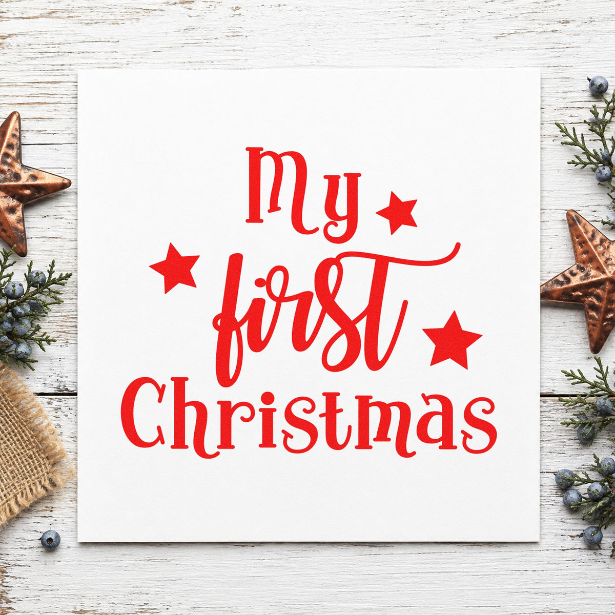 My First Christmas Stars rubber stamp shown in red ink, stamped for projects such as treat jar labels.