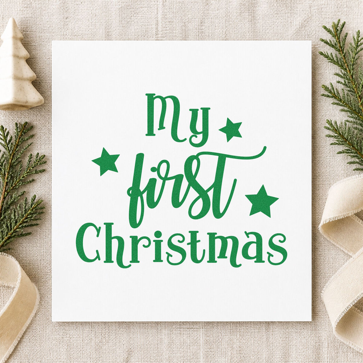 My First Christmas Stars craft stamp imprint in green ink on a handmade project, one idea being housewarming cards.