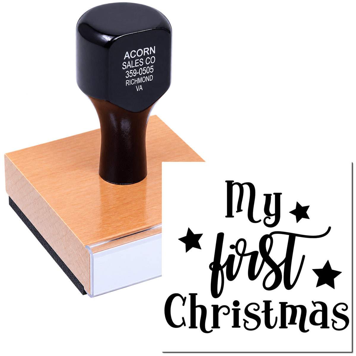 Custom rubber stamp with My First Christmas design and stars, ideal for holiday crafts, cards, and babys first Christmas.