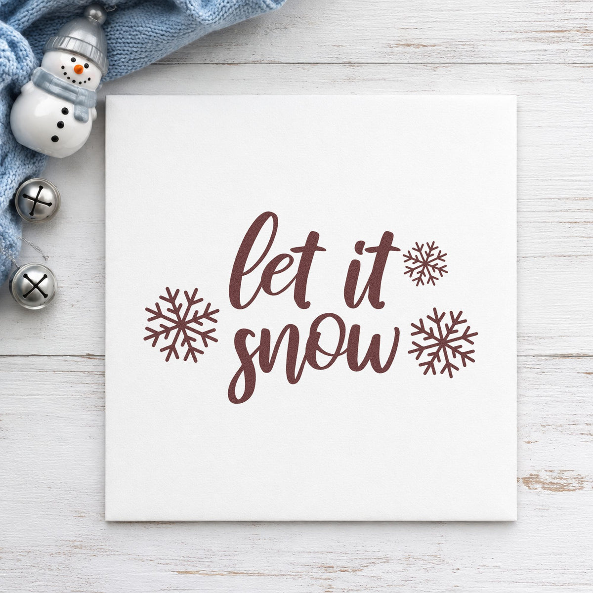 Let It Snow Three Snowflakes rubber stamp printed in brown ink, ready for block count sheet and similar paper crafts.