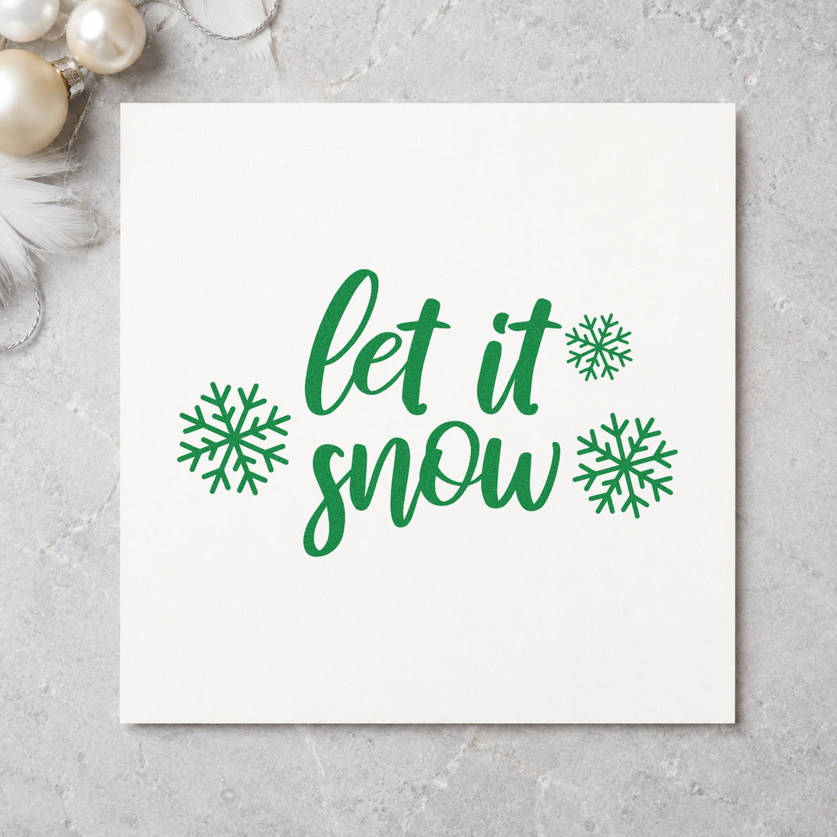 Let It Snow Three Snowflakes craft stamp imprinted in green ink on paper, a design suited to framed sewing room.