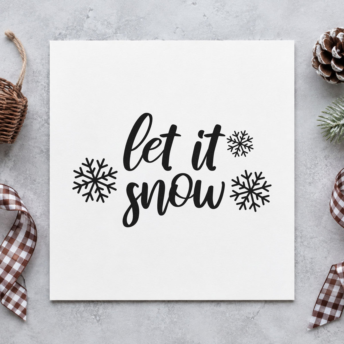Let It Snow Three Snowflakes rubber stamp printed in black ink, ready for flanked brush cards and similar paper crafts.