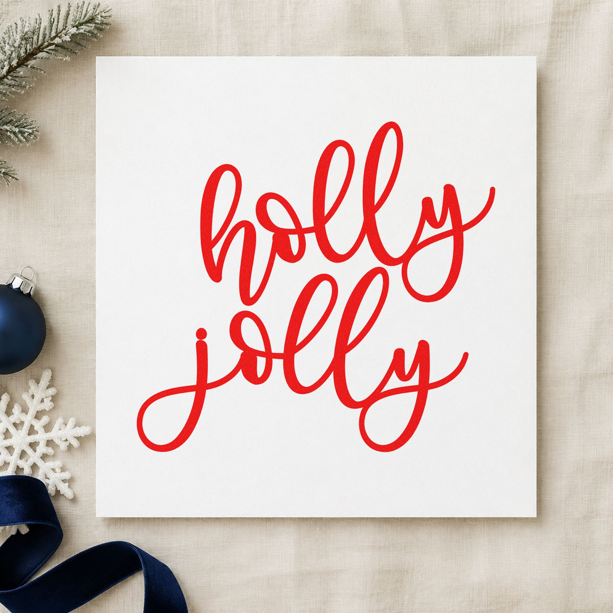 Holly Jolly Script rubber stamp shown in red ink, stamped for projects such as candy bin labels.