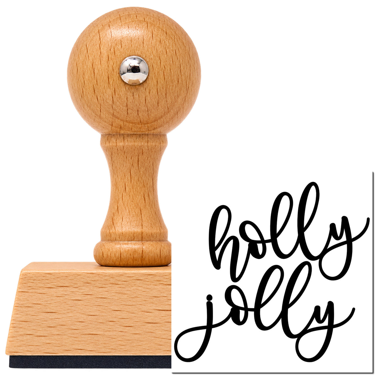 Holly Jolly Vintage Pro rubber stamp in European beech wood with a round knob handle, shown beside its black imprint.