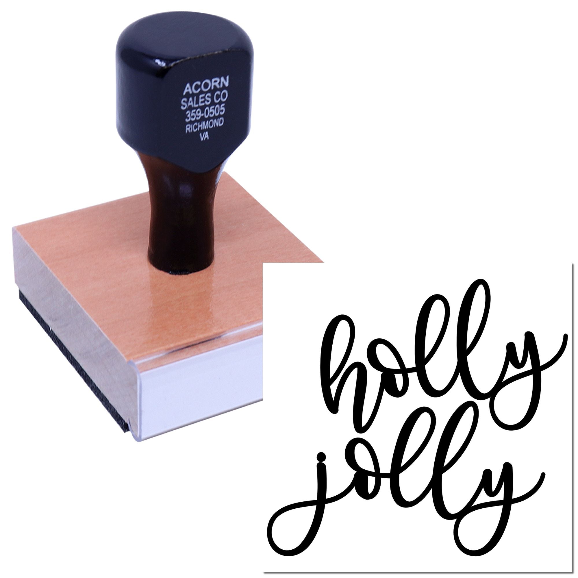 Custom rubber stamp with holly jolly script, perfect for holiday cards, gift wrap, and packaging.
