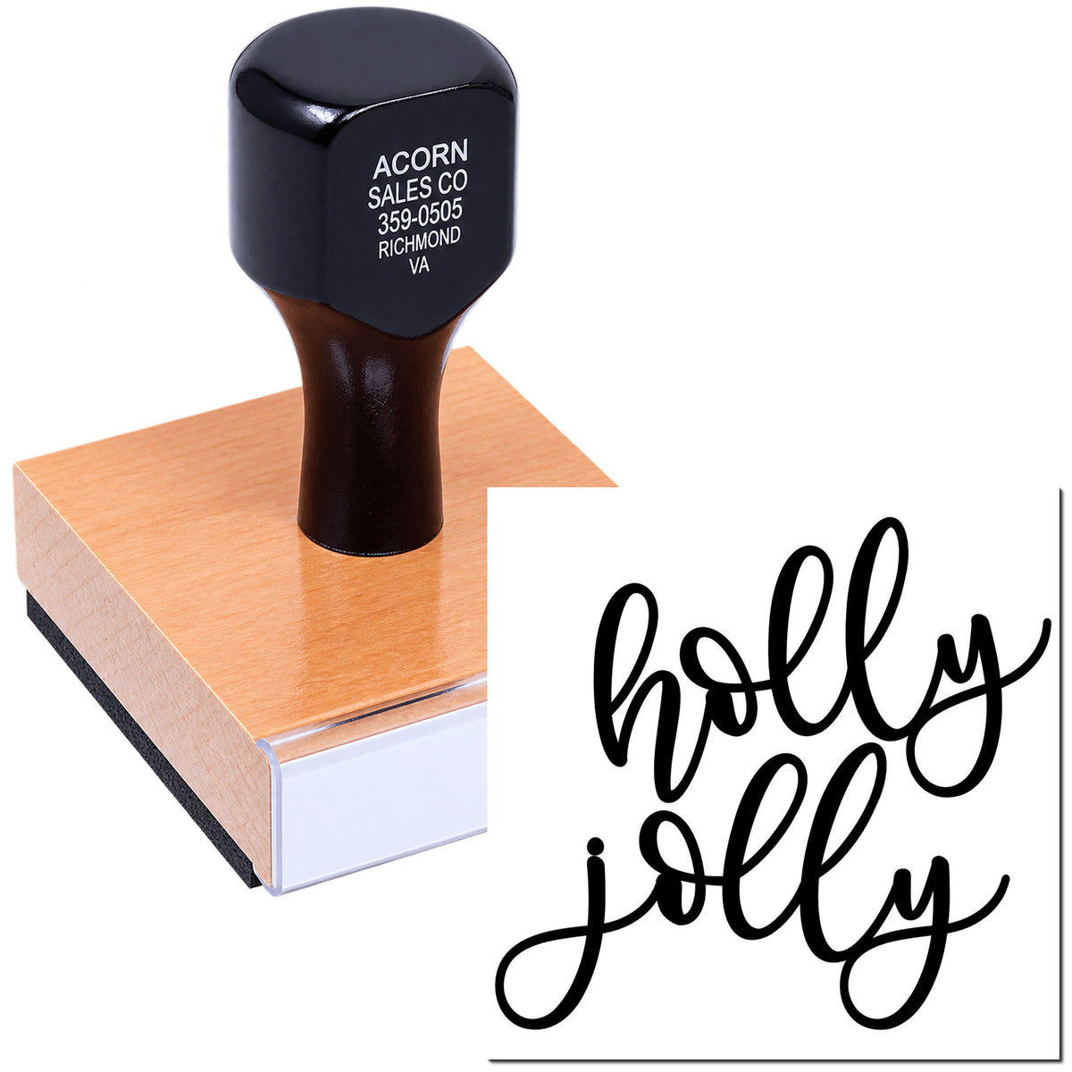 Custom rubber stamp with holly jolly script, perfect for holiday cards, gift wrap, and packaging.