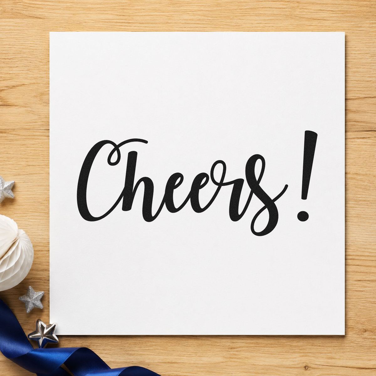 Cheers Flowing Script rubber stamp printed in black ink, ready for cheers script cards and similar paper crafts.