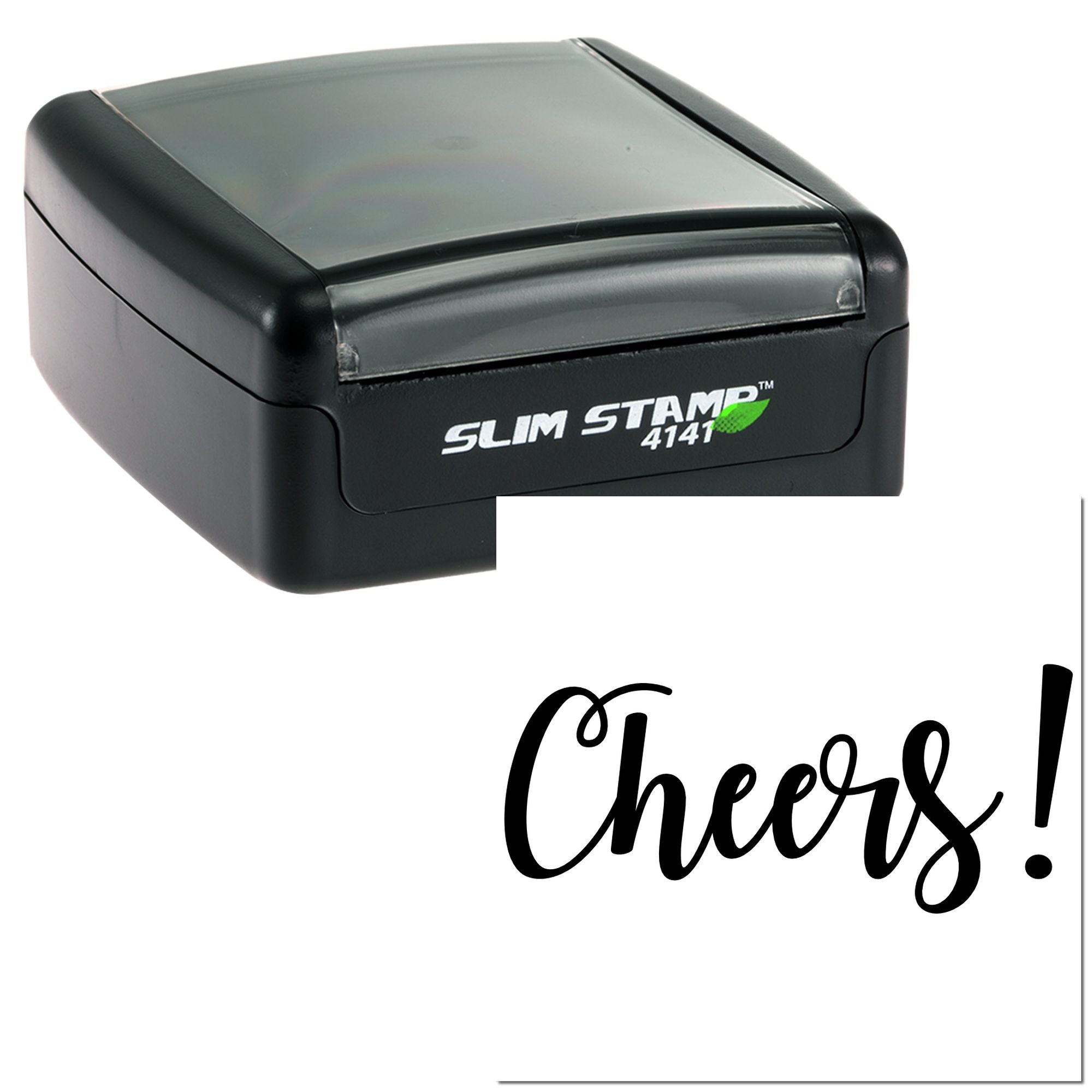 Self-inking rubber stamp with Cheers! imprint, ideal for custom greeting cards, weddings, and celebratory packaging.